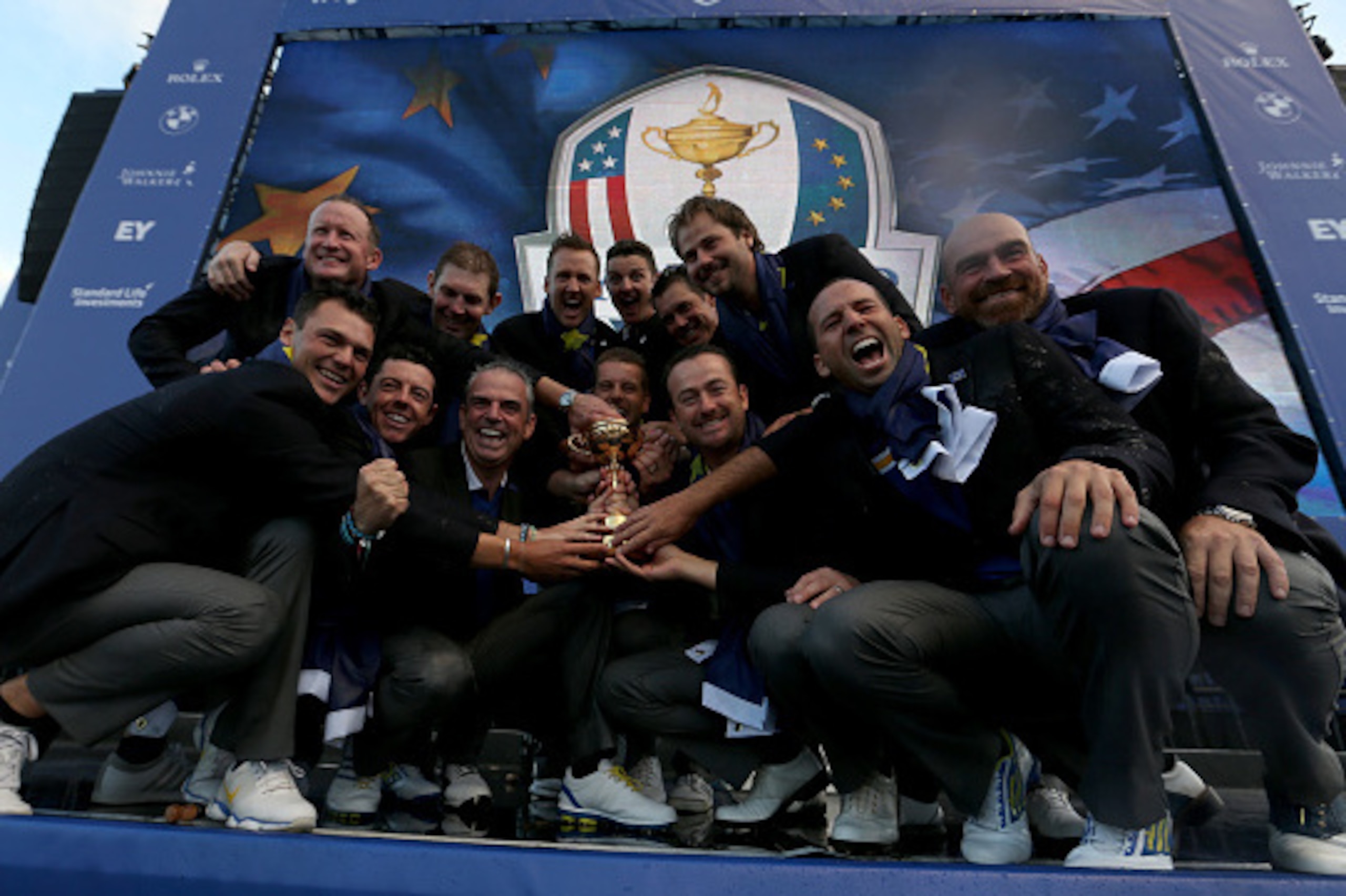 AUCHTERARDER, SCOTLAND - SEPTEMBER 28:  Europe team captain Paul McGinley celebrates winning the Ryder Cup with his team after the Singles Matches of the 2014 Ryder Cup on the PGA Centenary course at the Gleneagles Hotel on September 28, 2014 in Auchterar