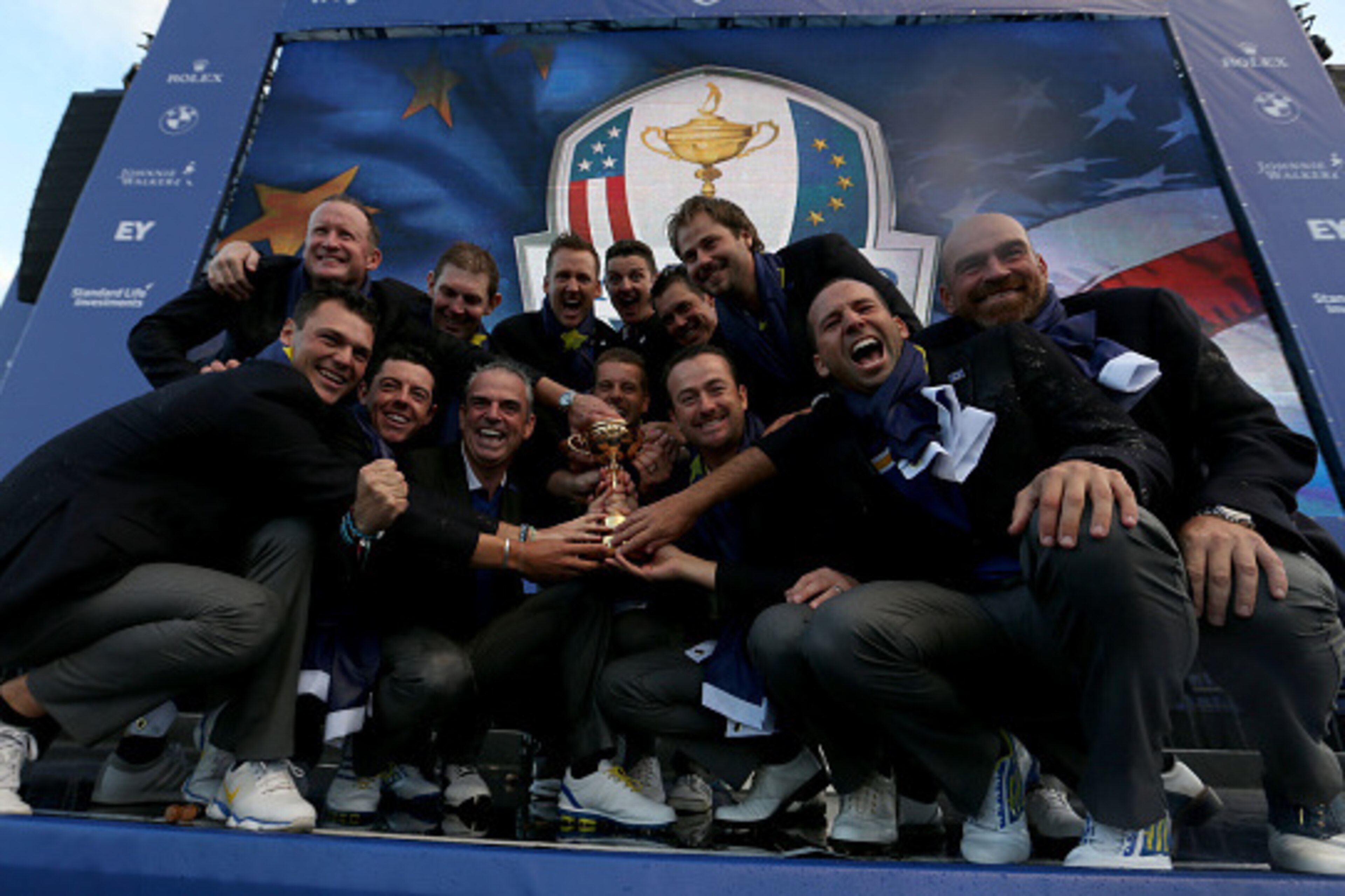 AUCHTERARDER, SCOTLAND - SEPTEMBER 28:  Europe team captain Paul McGinley celebrates winning the Ryder Cup with his team after the Singles Matches of the 2014 Ryder Cup on the PGA Centenary course at the Gleneagles Hotel on September 28, 2014 in Auchterar