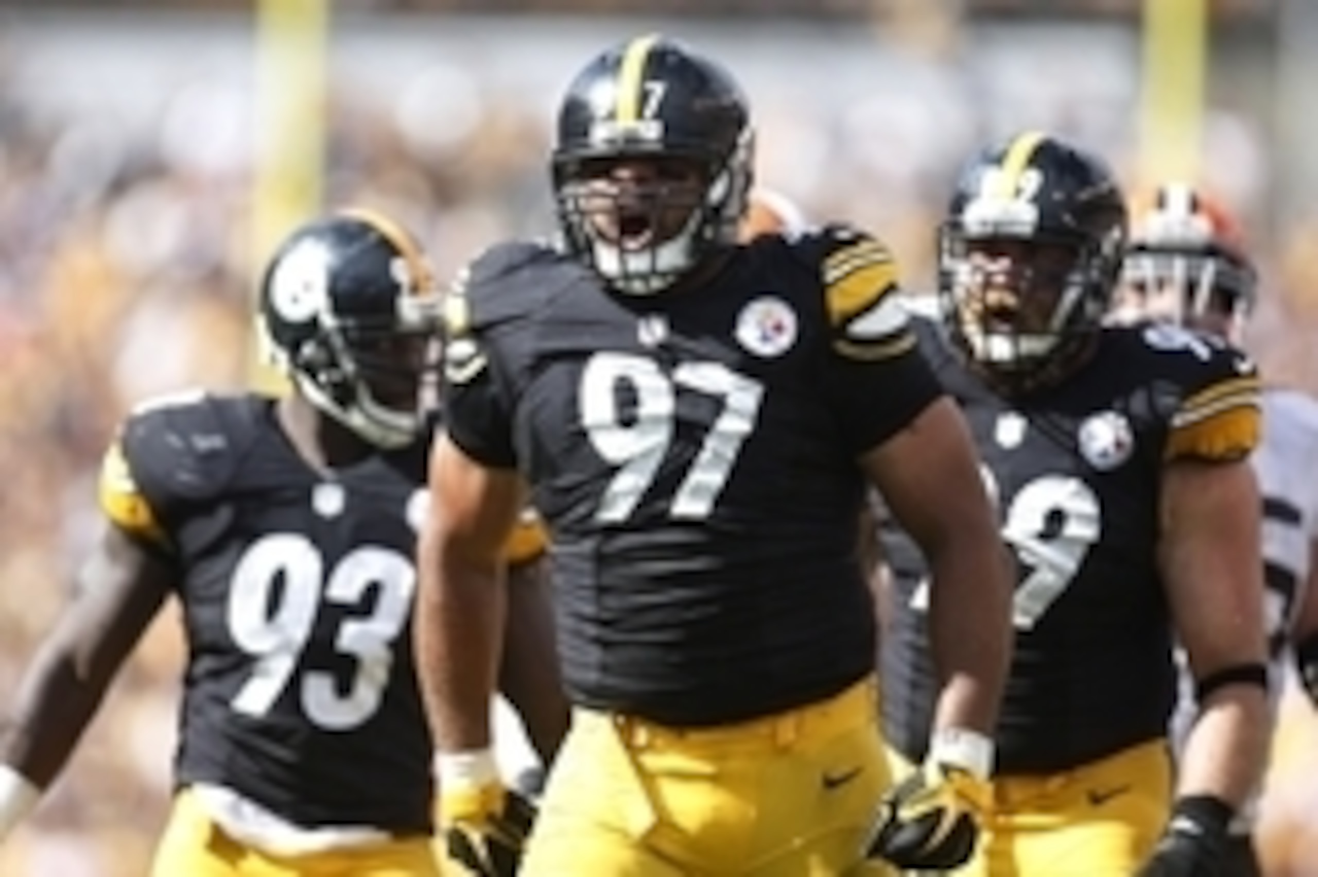 Sep 7, 2014; Pittsburgh, PA, USA; Pittsburgh Steelers defensive end Cameron Heyward (97) reacts after registering a sack against the Cleveland Browns during the fourth quarter at Heinz Field. The Steelers won 30-27. Mandatory Credit: Charles LeClaire-USA 