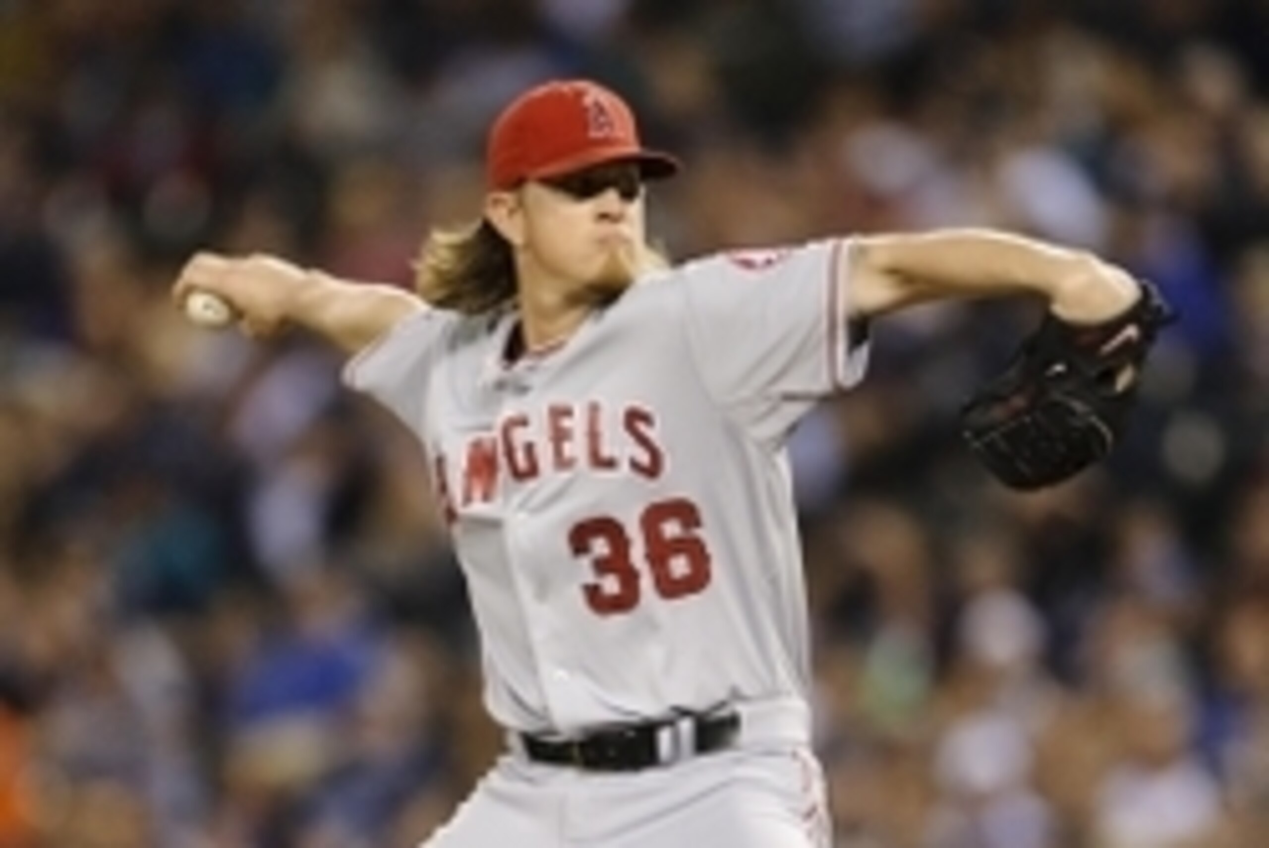 Sep 26, 2014; Seattle, WA, USA; Los Angeles Angels starting pitcher Jered Weaver (36) pitches to the Seattle Mariners during the first inning at Safeco Field. Mandatory Credit: Steven Bisig-USA TODAY Sports