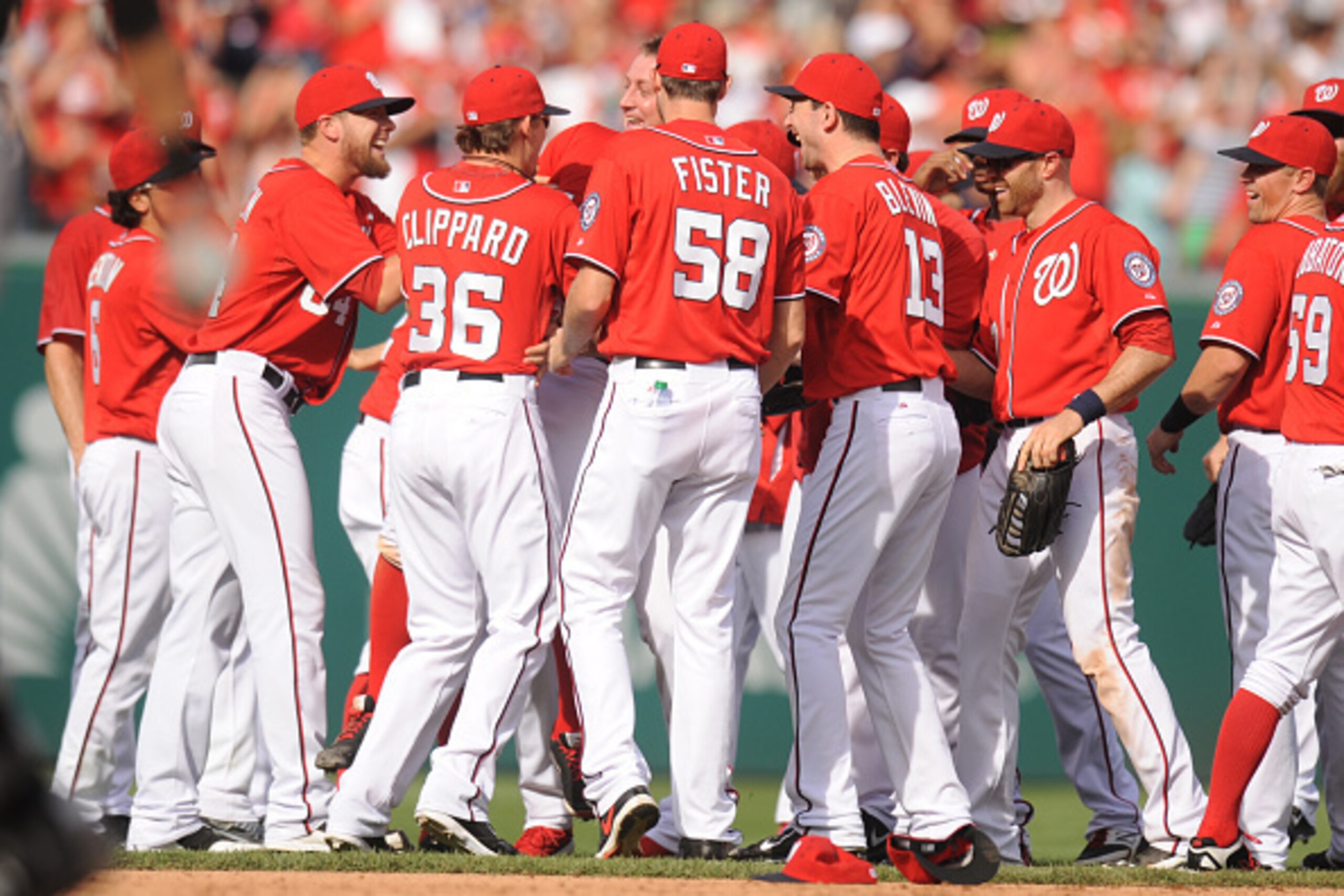 WASHINGTON, DC - SEPTEMBER 28:  Jordan Zimmermann #27 of the Washington Nationals celebrates his no-hitter with team mates after a baseball game against the Miami Marlins on September 28, 2014 at Nationals Park in Washington, DC.  The Nationals won 1-0.  
