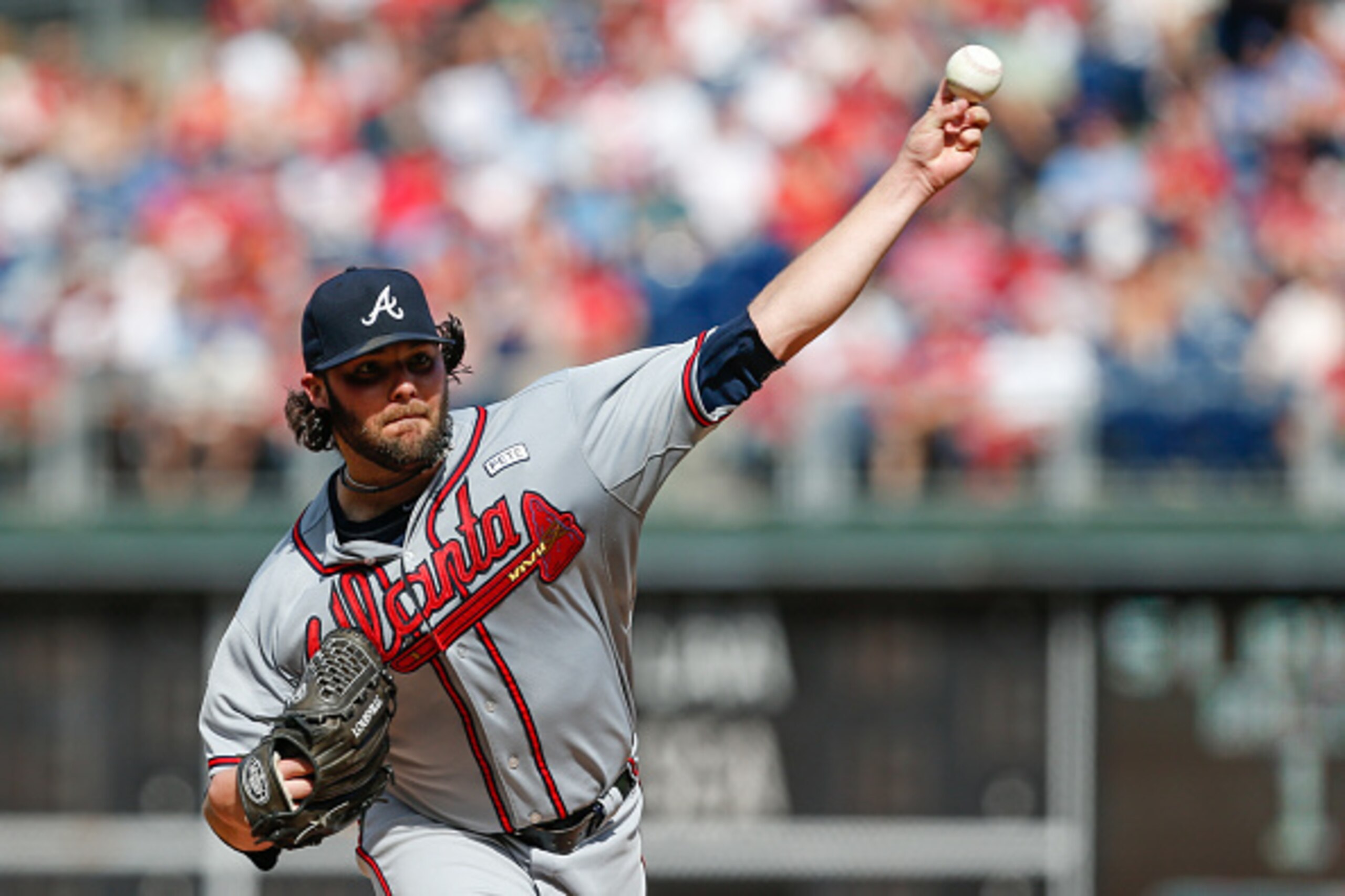 PHILADELPHIA, PA - SEPTEMBER 28: Starting pitcher James Russell #51 of the Atlanta Braves throws a pitch in the first inning of the game against the Philadelphia Phillies at Citizens Bank Park on September 28, 2014 in Philadelphia, Pennsylvania. (Photo by