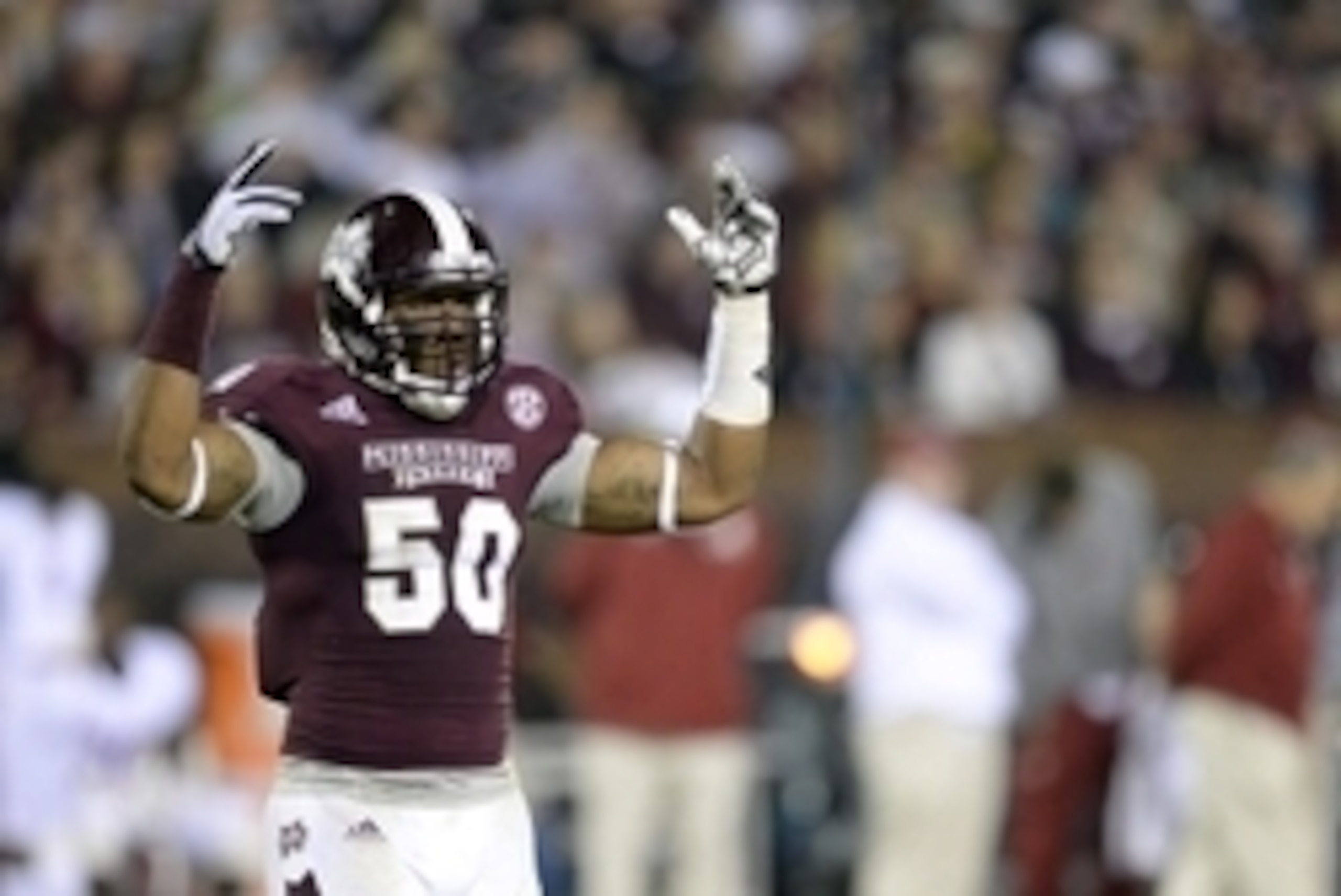 Nov 16, 2013; Starkville, MS, USA; Mississippi State Bulldogs linebacker Benardrick McKinney (50) tries to pump up the crowd noise against the Alabama Crimson Tide during the first quarter at Davis Wade Stadium. Mandatory Credit: John David Mercer-USA TOD Nov 16, 2013; Starkville, MS, USA; Mississippi State Bulldogs linebacker Benardrick McKinney (50) tries to pump up the crowd noise against the Alabama Crimson Tide during the first quarter at Davis Wade Stadium. Mandatory Credit: John David Mercer-USA TOD