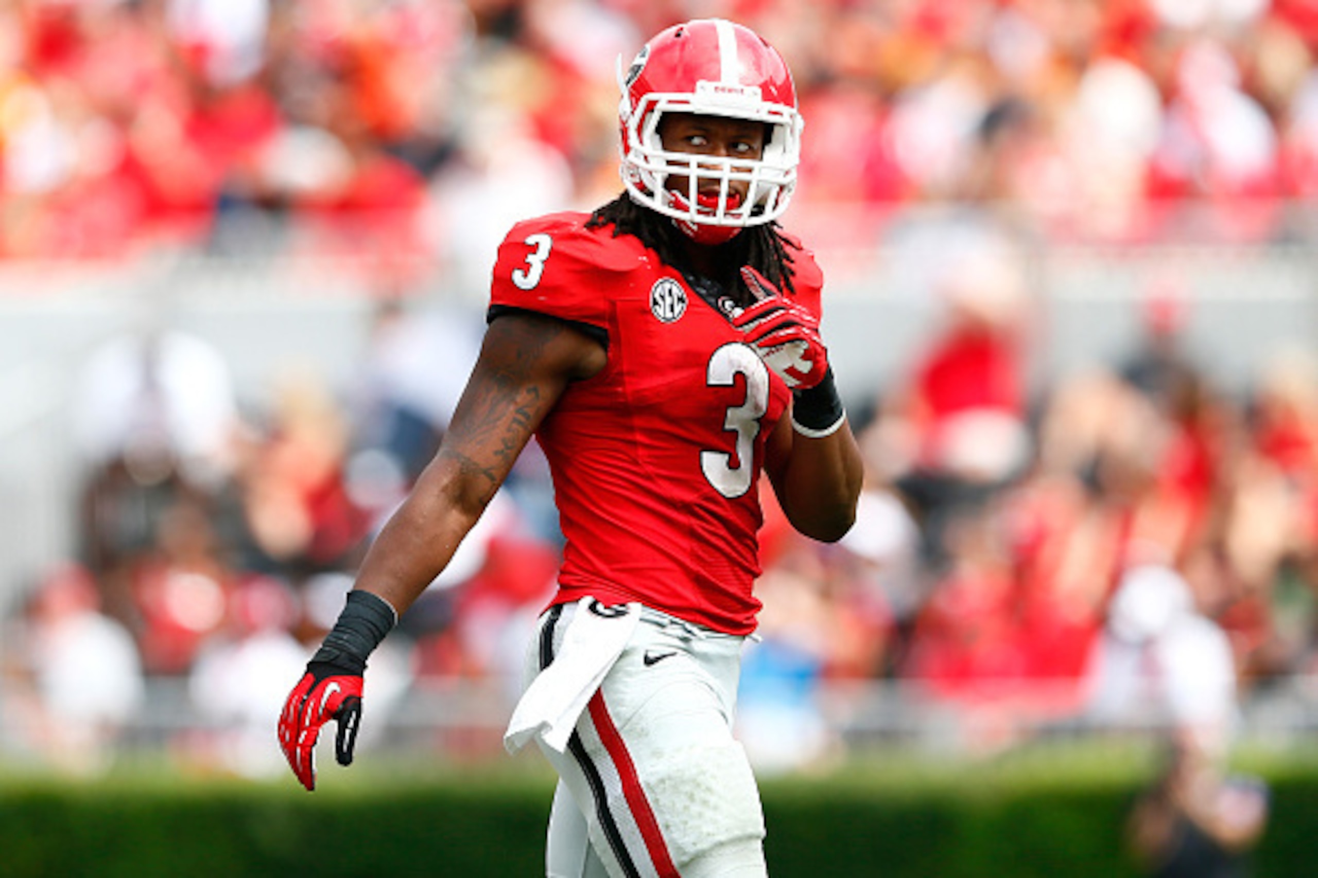 ATHENS, GA - SEPTEMBER 27: Todd Gurley #3 of the Georgia Bulldogs walks off the field between downs against the Tennessee Volunteers at Sanford Stadium on September 27, 2014 in Athens, Georgia. (Photo by Kevin C. Cox/Getty Images) ATHENS, GA - SEPTEMBER 27: Todd Gurley #3 of the Georgia Bulldogs walks off the field between downs against the Tennessee Volunteers at Sanford Stadium on September 27, 2014 in Athens, Georgia. (Photo by Kevin C. Cox/Getty Images)