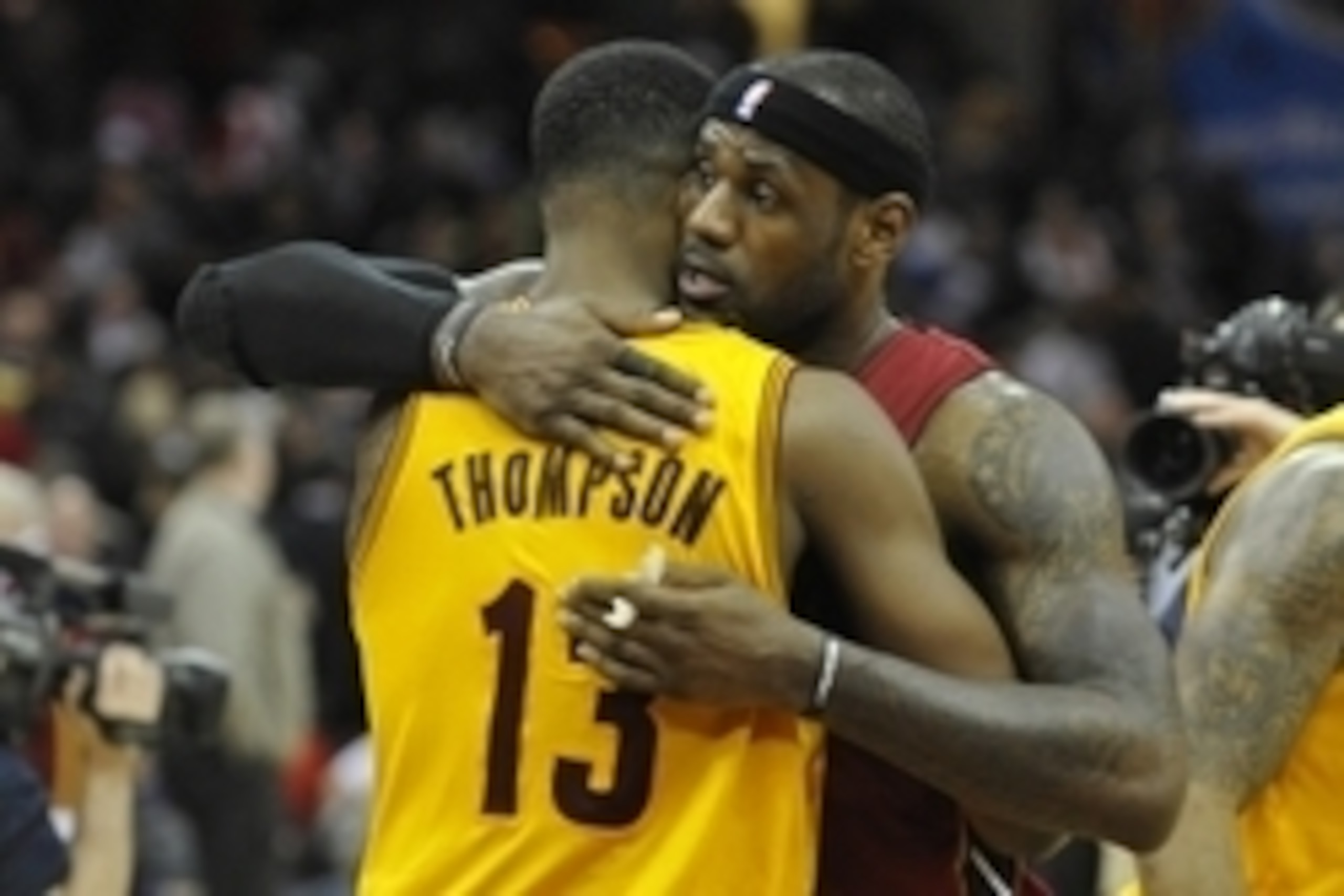 Mar 18, 2014; Cleveland, OH, USA; Miami Heat forward LeBron James (6) talks to Cleveland Cavaliers forward Tristan Thompson (13) after a 100-96 Heat win at Quicken Loans Arena. Mandatory Credit: David Richard-USA TODAY Sports Mar 18, 2014; Cleveland, OH, USA; Miami Heat forward LeBron James (6) talks to Cleveland Cavaliers forward Tristan Thompson (13) after a 100-96 Heat win at Quicken Loans Arena. Mandatory Credit: David Richard-USA TODAY Sports