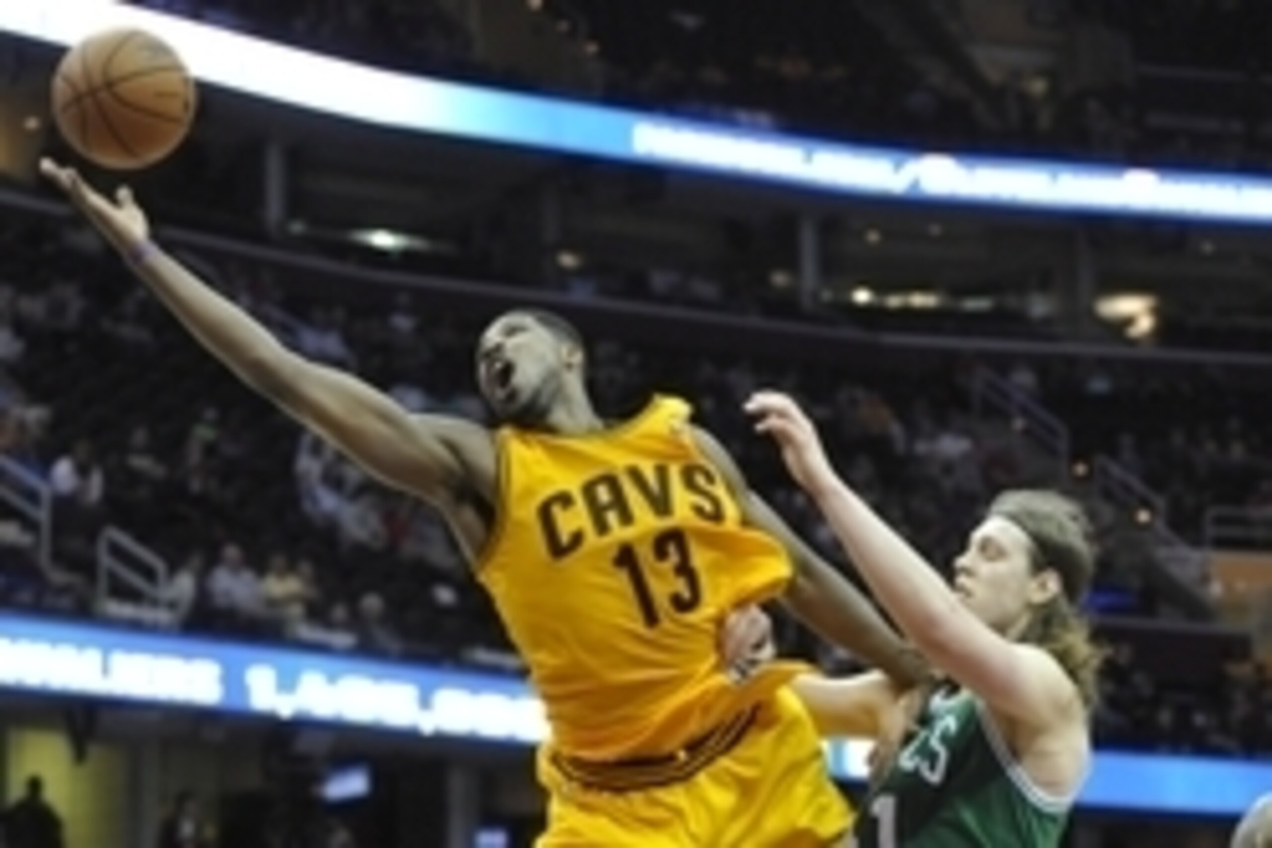 Apr 12, 2014; Cleveland, OH, USA; Cleveland Cavaliers forward Tristan Thompson (13) reaches for a pass against Boston Celtics center Kelly Olynyk (41) in the fourth quarter at Quicken Loans Arena. Mandatory Credit: David Richard-USA TODAY Sports Apr 12, 2014; Cleveland, OH, USA; Cleveland Cavaliers forward Tristan Thompson (13) reaches for a pass against Boston Celtics center Kelly Olynyk (41) in the fourth quarter at Quicken Loans Arena. Mandatory Credit: David Richard-USA TODAY Sports