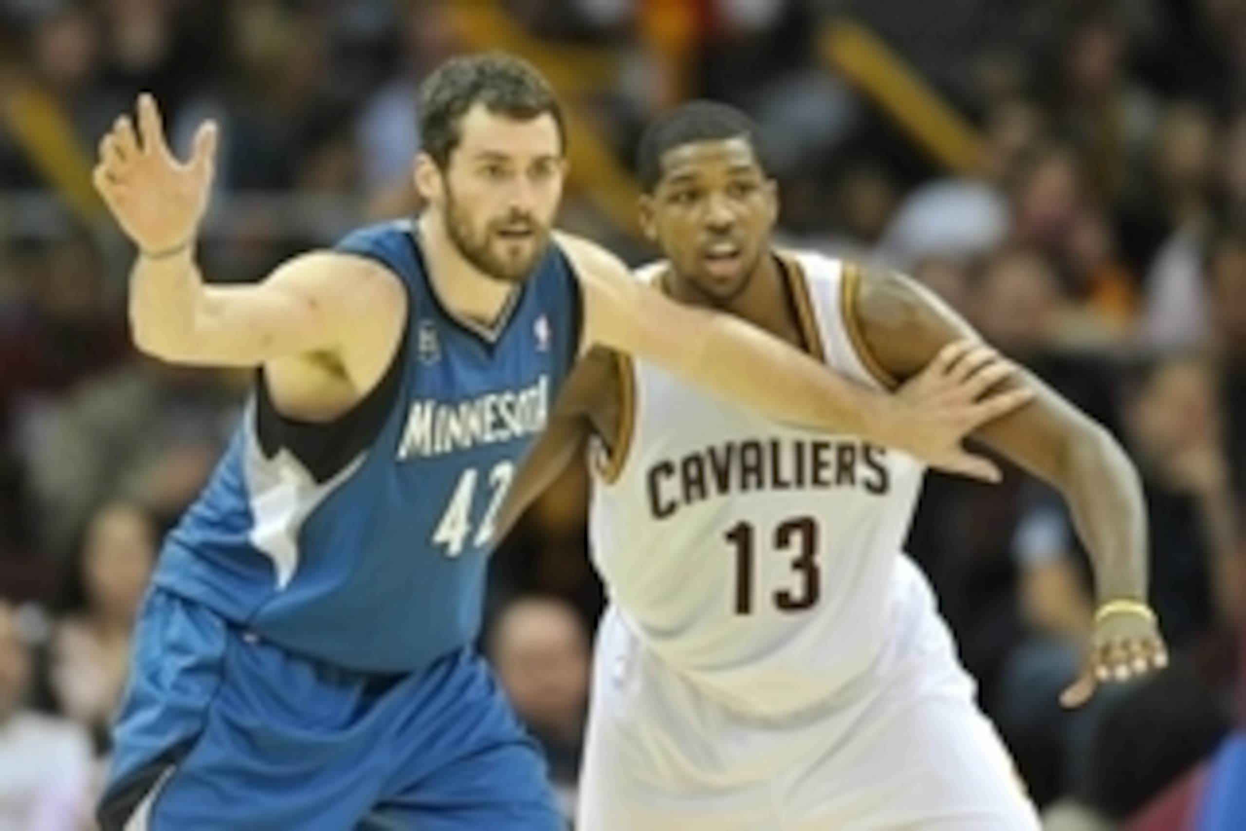 Nov 4, 2013; Cleveland, OH, USA; Minnesota Timberwolves power forward Kevin Love (42) and Cleveland Cavaliers power forward Tristan Thompson (13) at Quicken Loans Arena. Cleveland won 93-92. Mandatory Credit: David Richard-USA TODAY Sports Nov 4, 2013; Cleveland, OH, USA; Minnesota Timberwolves power forward Kevin Love (42) and Cleveland Cavaliers power forward Tristan Thompson (13) at Quicken Loans Arena. Cleveland won 93-92. Mandatory Credit: David Richard-USA TODAY Sports