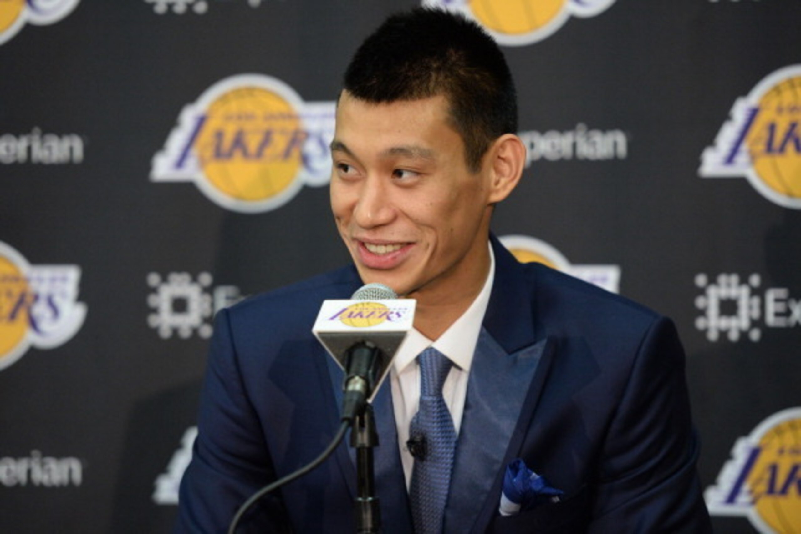 EL SEGUNDO, CA - JULY 24: Jeremy Lin #17 of the Los Angeles Lakers speaks to the media during a press conference on July 24, 2014 at the Toyota Sports Center in El Segundo, California. NOTE TO USER: User expressly acknowledges and agrees that, by download