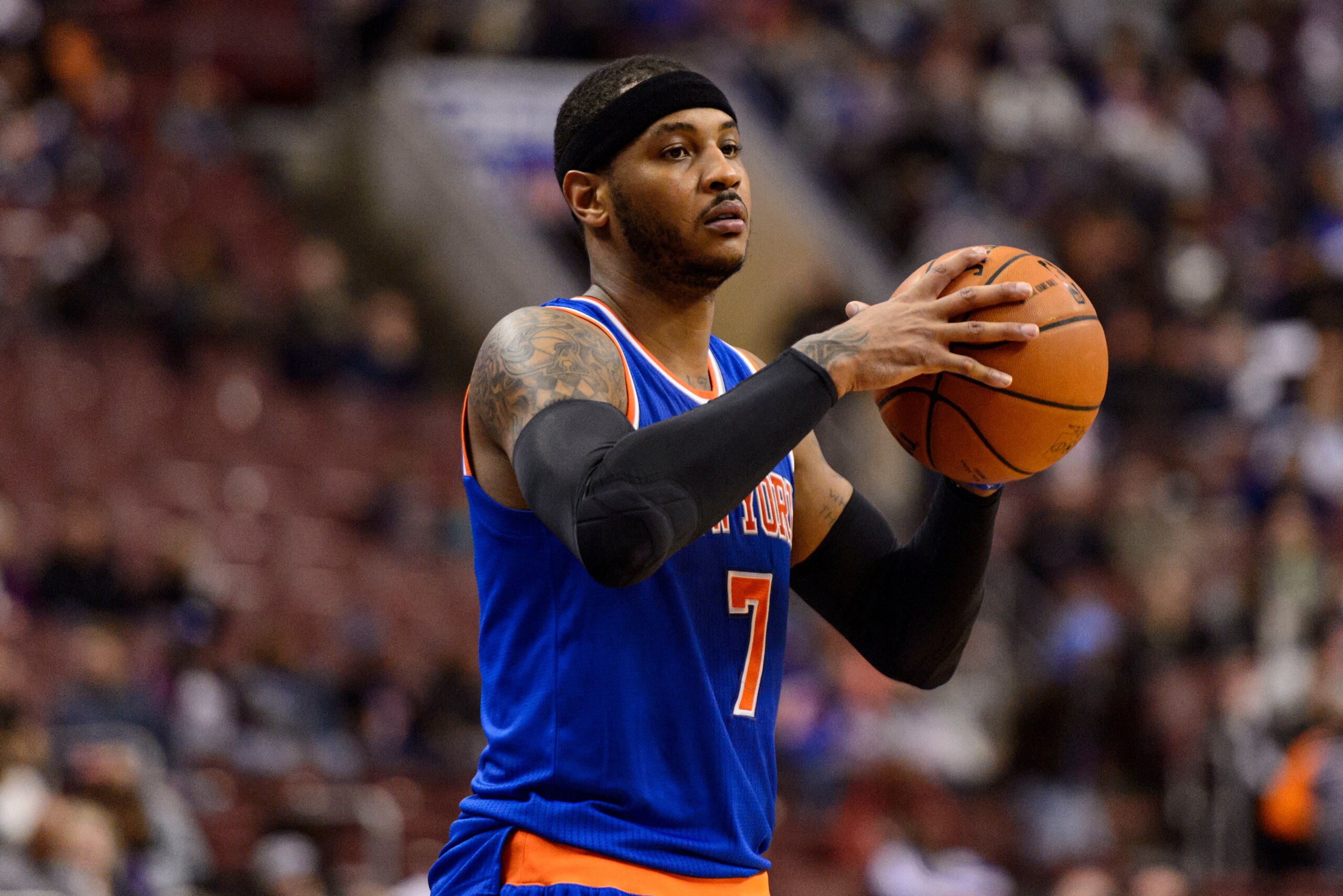 Mar 21, 2014; Philadelphia, PA, USA; New York Knicks forward Carmelo Anthony (7) during the second quarter against the Philadelphia 76ers at the Wells Fargo Center. The Knicks defeated the Sixers 93-92. Mandatory Credit: Howard Smith-USA TODAY Sports