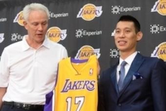 Jul 24, 2014; El Segundo, CA, USA; Los Angeles Lakers general manager Mitch Kupchak introduces Jeremy Lin during a press conference at Toyota Sports Center. Mandatory Credit: Jayne Kamin-Oncea-USA TODAY Sports
