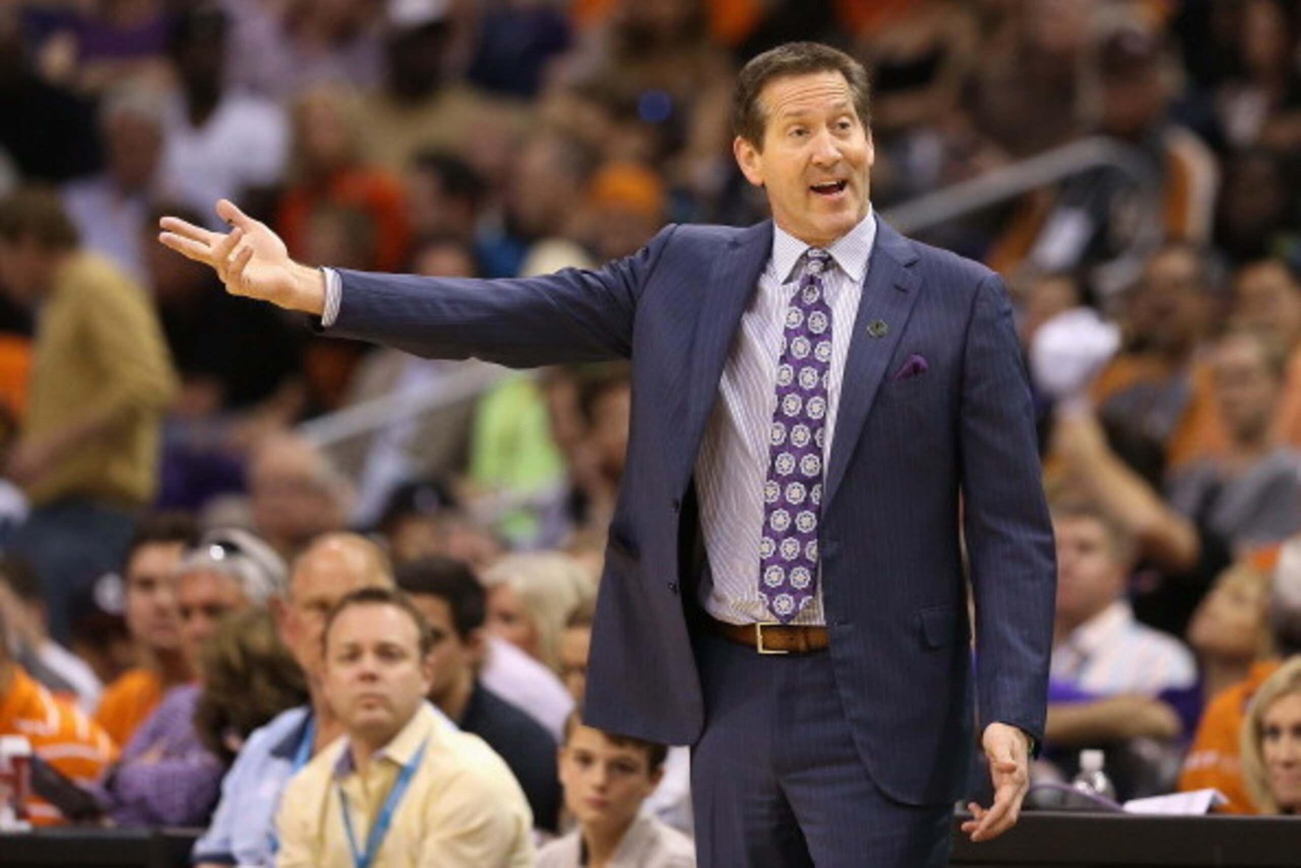 PHOENIX, AZ - APRIL 06:  Head coach Jeff Hornacek of the Phoenix Suns reacts during the NBA game against the Oklahoma City Thunder at US Airways Center on April 6, 2014 in Phoenix, Arizona. The Suns defeated the Thunder 122-115. NOTE TO USER: User express