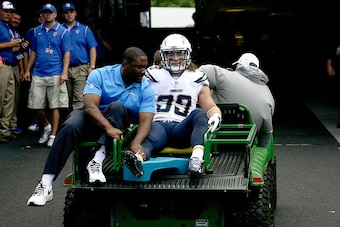 ORCHARD PARK, NY - SEPTEMBER 21:   Danny Woodhead #39 of the San Diego Chargers is carted off the field after an ankle injury against the Buffalo Bills during the first half at Ralph Wilson Stadium on September 21, 2014 in Orchard Park, New York.  (Photo 