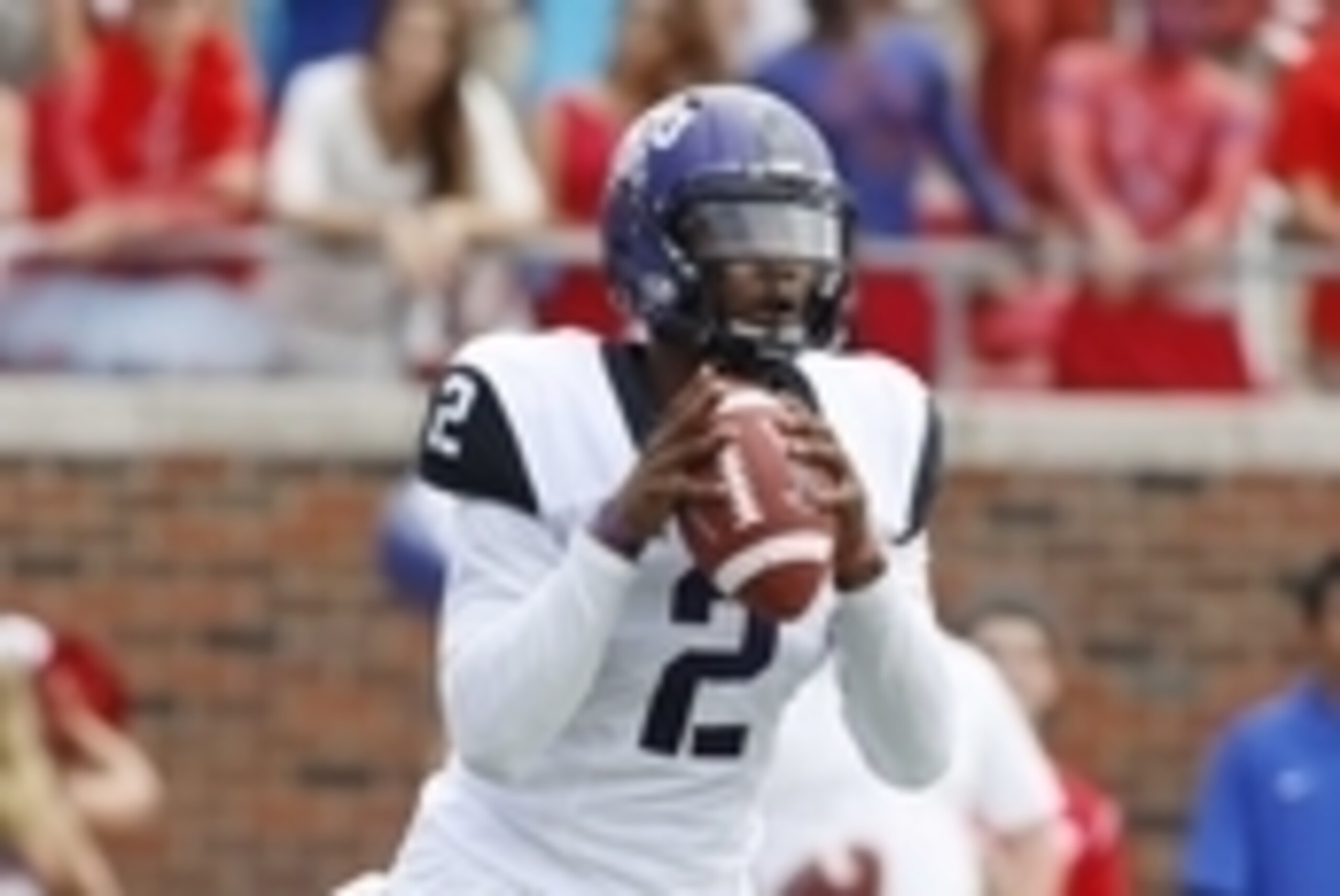 Sep 27, 2014; Dallas, TX, USA; TCU Horned Frogs quarterback Trevone Boykin (2) throws the ball in the second quarter against the Southern Methodist Mustangs at Gerald J. Ford Stadium. Mandatory Credit: Tim Heitman-USA TODAY Sports