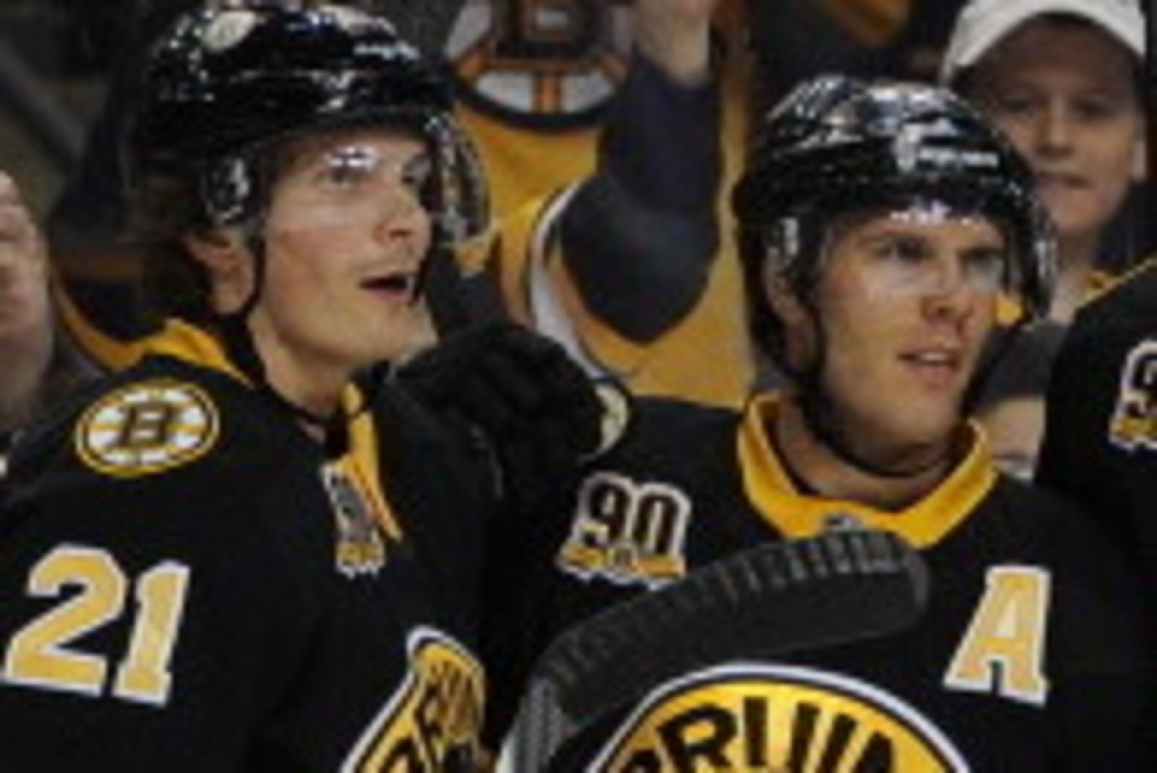 BOSTON, MA - APRIL 5: Loui Eriksson #21, David Krejci #46 and Dougie Hamilton #27 of the Boston Bruins celebrate a goal against the Philadelphia Flyers at the TD Garden on April 5, 2014 in Boston, Massachusetts.  (Photo by Brian Babineau/NHLI via Getty Im