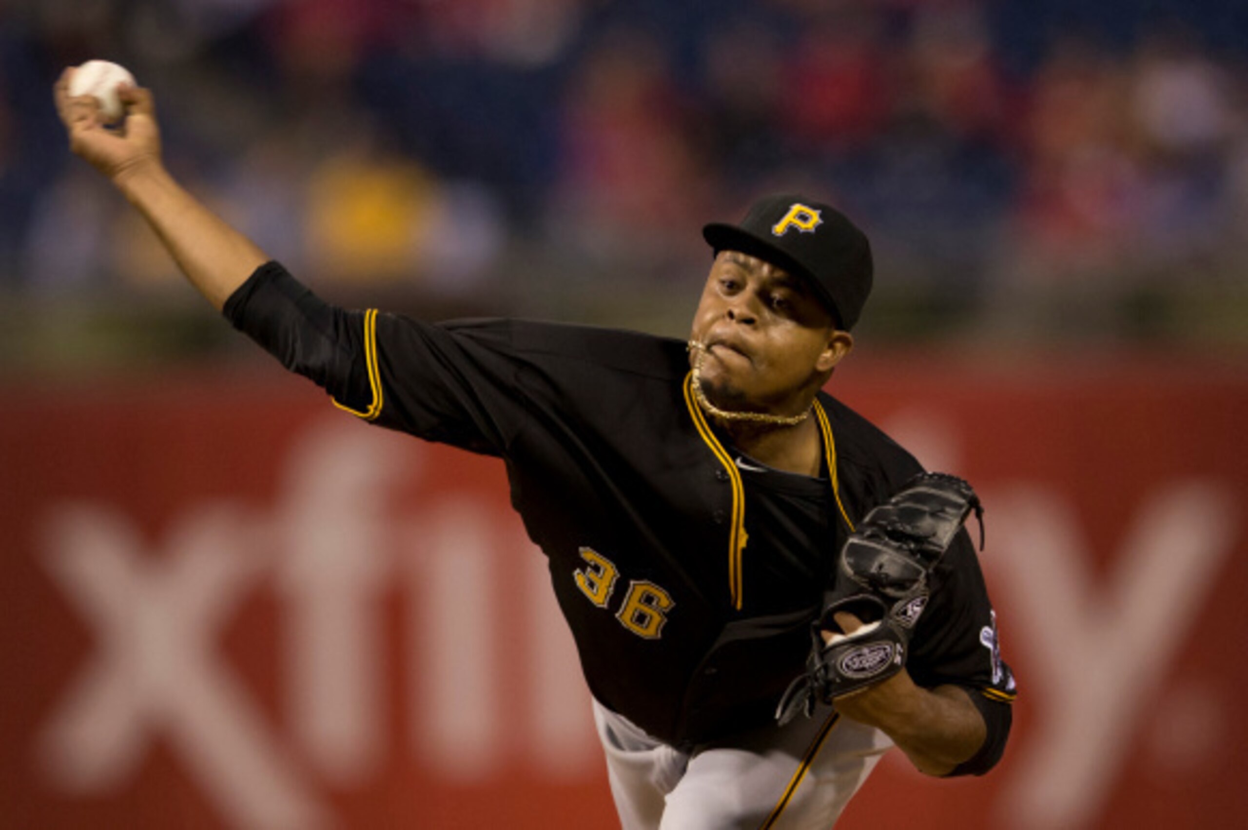 PHILADELPHIA, PA - SEPTEMBER 9:  Edison Volquez #36 of the Pittsburgh Pirates pitches in the bottom of the first inning against the Philadelphia Phillies on September 9, 2014 at Citizens Bank Park in Philadelphia, Pennsylvania. (Photo by Mitchell Leff/Get