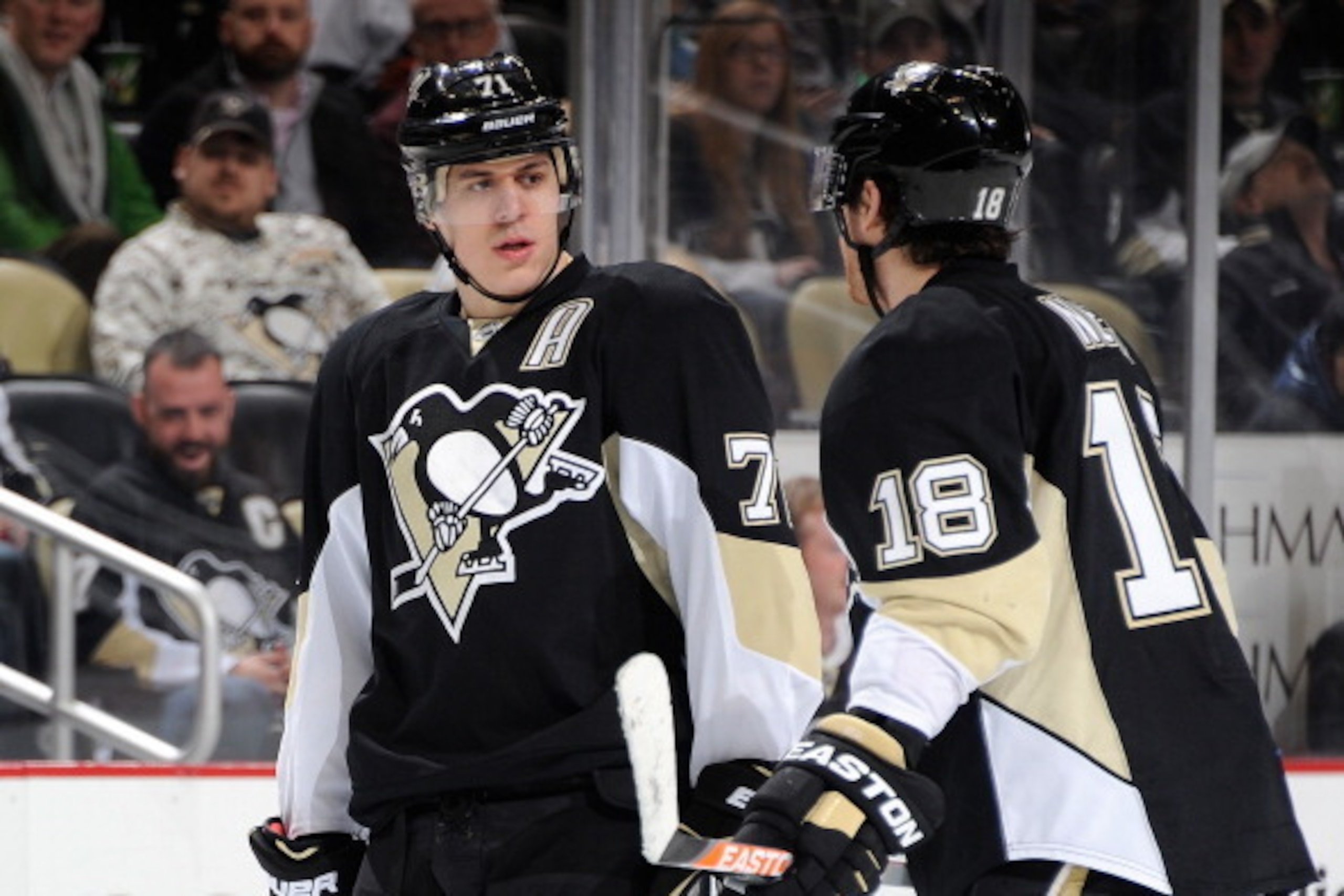 PITTSBURGH, PA - FEBRUARY 3: Evgeni Malkin #71 talks with James Neal #18 of the Pittsburgh Penguins during the game against the Ottawa Senators on February 3, 2014 at Consol Energy Center in Pittsburgh, Pennsylvania. (Photo by Joe Sargent/NHLI via Getty PITTSBURGH, PA - FEBRUARY 3: Evgeni Malkin #71 talks with James Neal #18 of the Pittsburgh Penguins during the game against the Ottawa Senators on February 3, 2014 at Consol Energy Center in Pittsburgh, Pennsylvania. (Photo by Joe Sargent/NHLI via Getty
