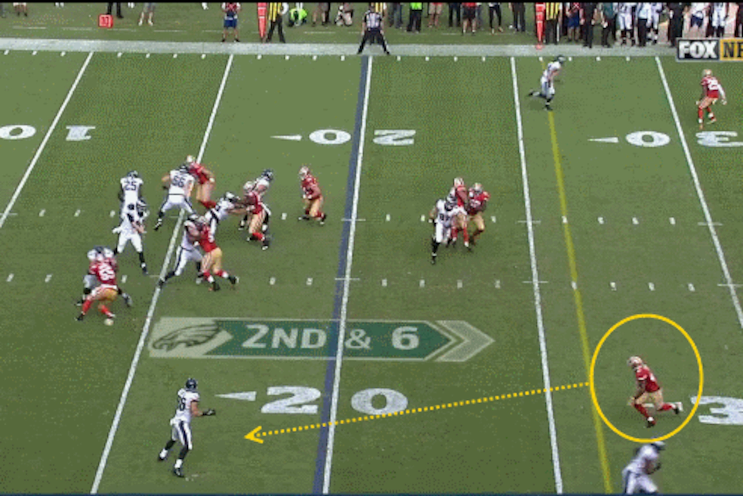 Bethea (circled) moves up to make the tackle.