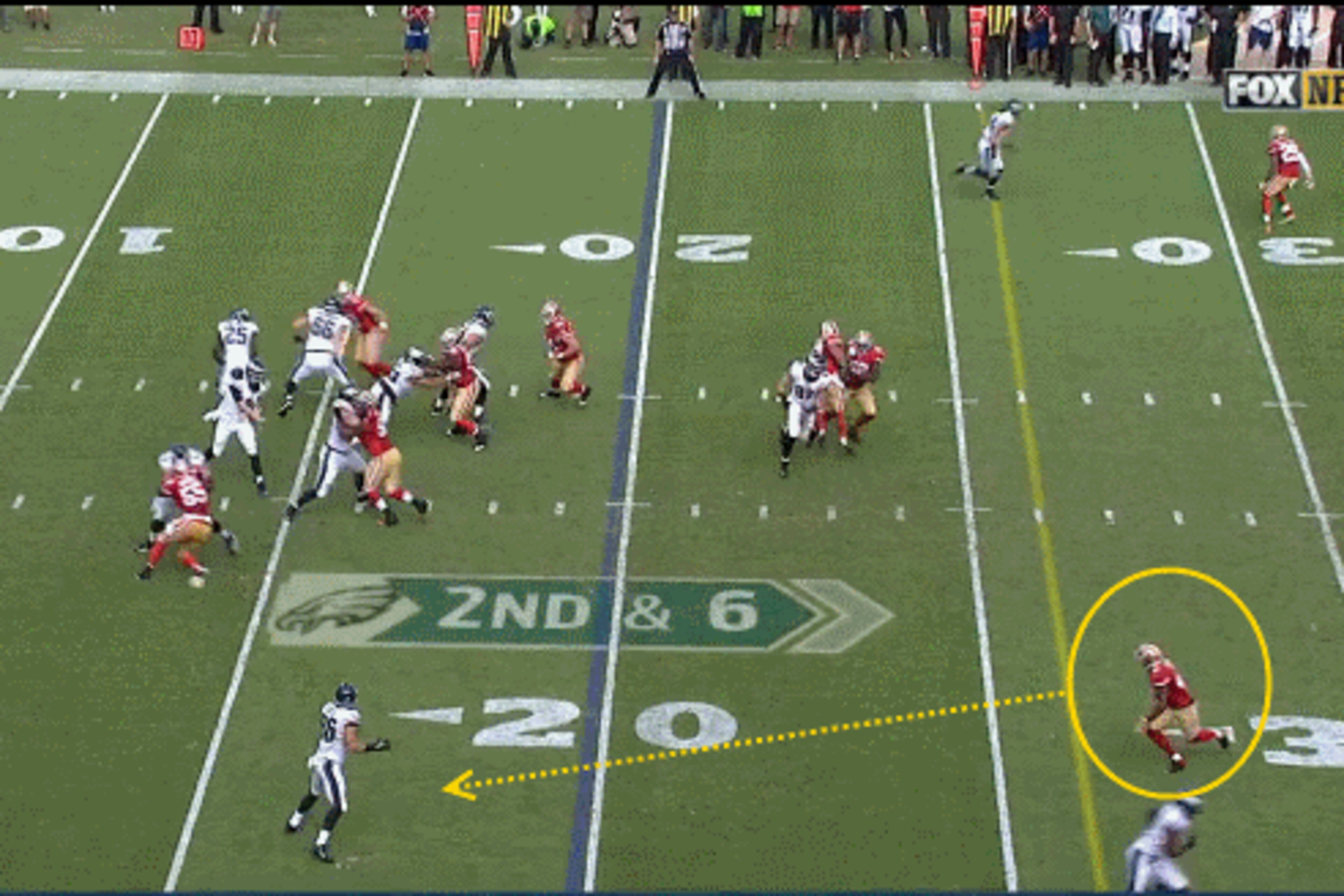 Bethea (circled) moves up to make the tackle.