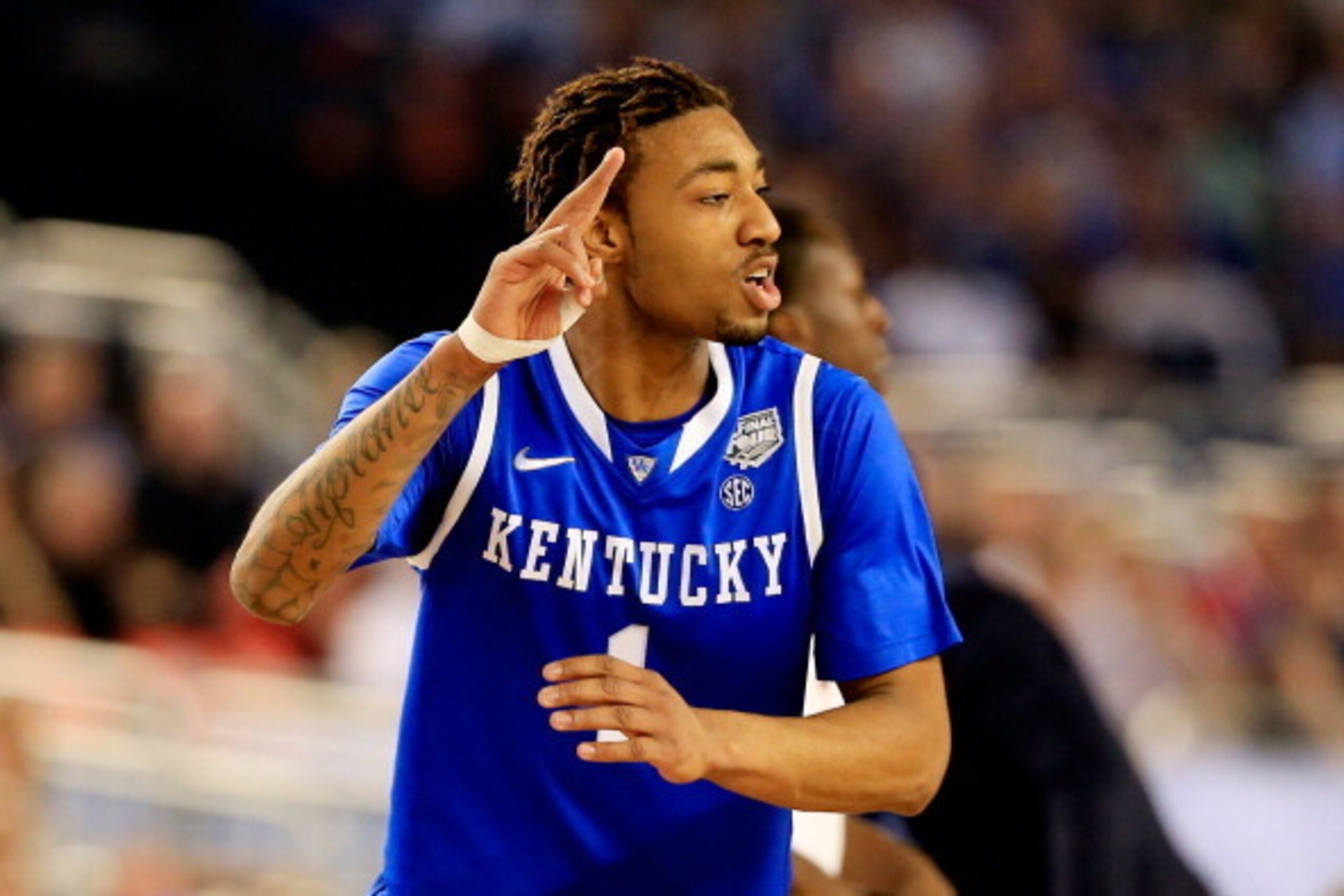 ARLINGTON, TX - APRIL 07: James Young #1 of the Kentucky Wildcats reacts during the NCAA Men's Final Four Championship against the Connecticut Huskies at AT&T Stadium on April 7, 2014 in Arlington, Texas.  (Photo by Jamie Squire/Getty Images)