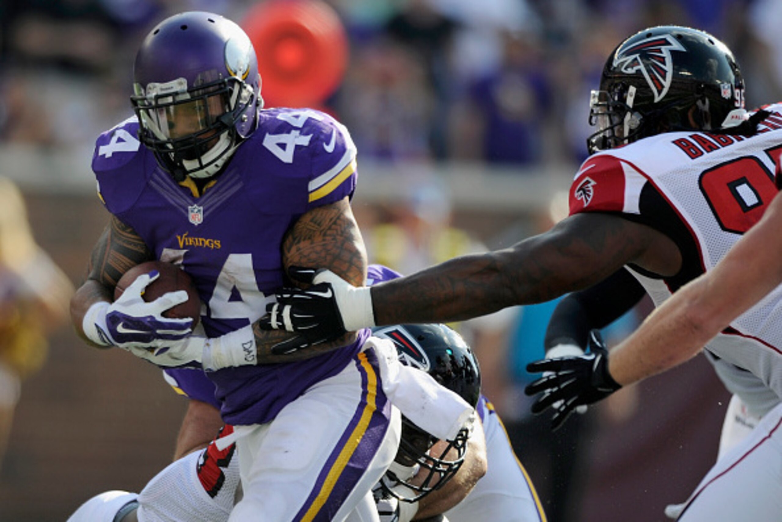 MINNEAPOLIS, MN - SEPTEMBER 28: Matt Asiata #44 of the Minnesota Vikings carries the ball against the Atlanta Falcons during the first quarter of the game on September 28, 2014 at TCF Bank Stadium in Minneapolis, Minnesota. Asiata scored a touchdown on th