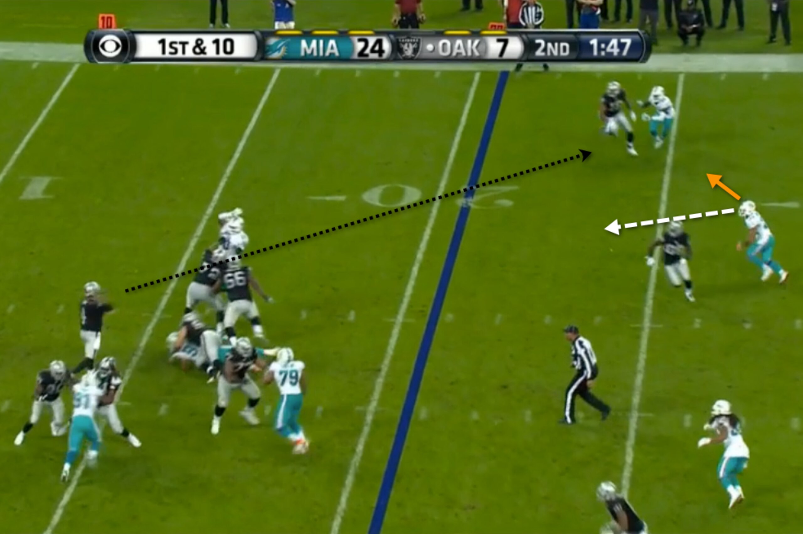 Finnegan watched Carr's eyes and drifted over to force a tight passing window