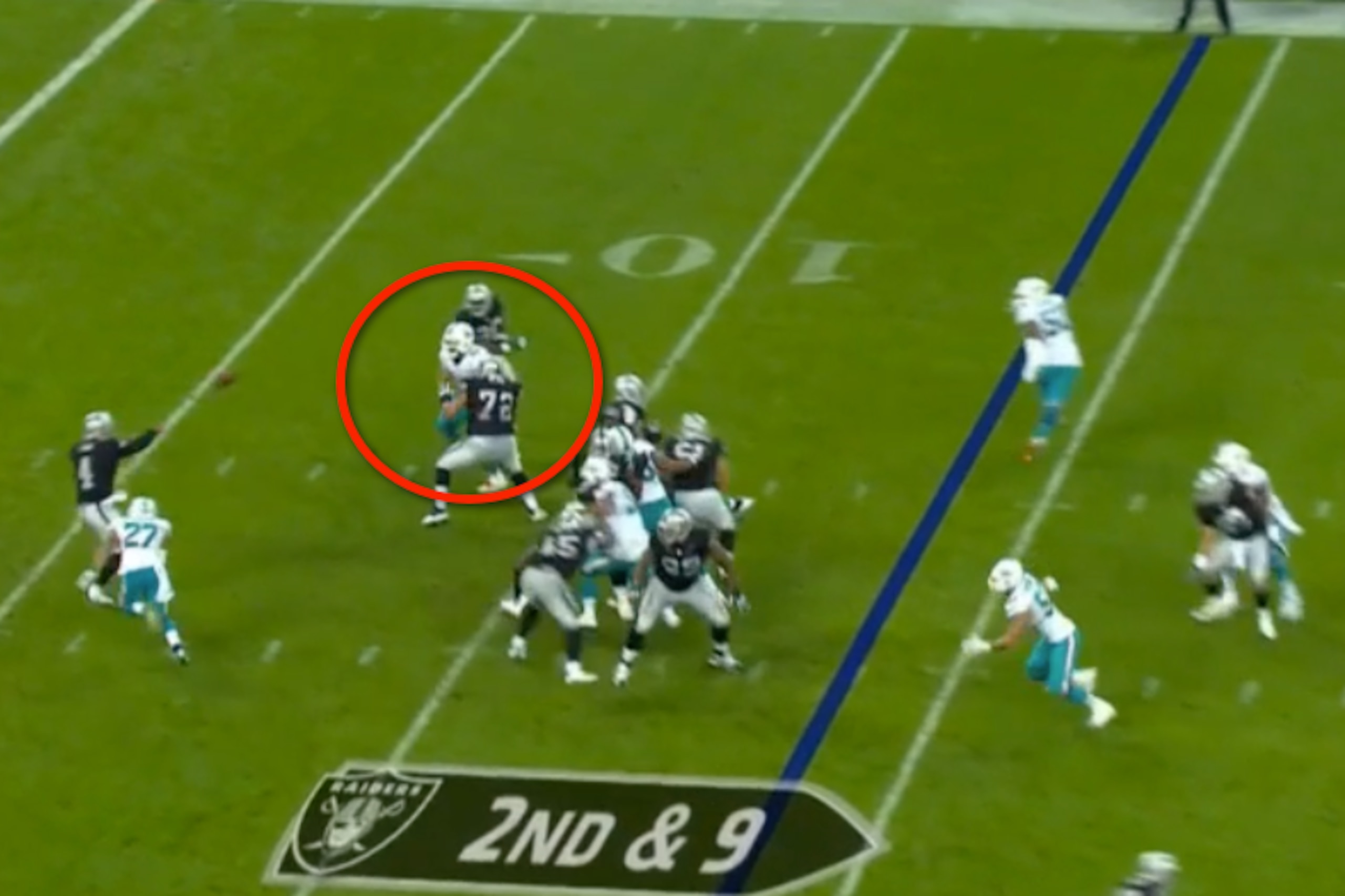 Odrick nearly had a pick-6 when he jumped a dump off pass from Carr in the flat