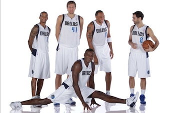 DALLAS, TX - SEPTEMBER 30: Monta Ellis #11, Dirk Nowitzki #41, Shawn Marion #0, Samuel Dalembert #1 and Jose Calderon #8 of the Dallas Mavericks pose for a photo at the Dallas Mavericks 2013-2014 Media Day on September 30, 2013 at the American Airlines Ce