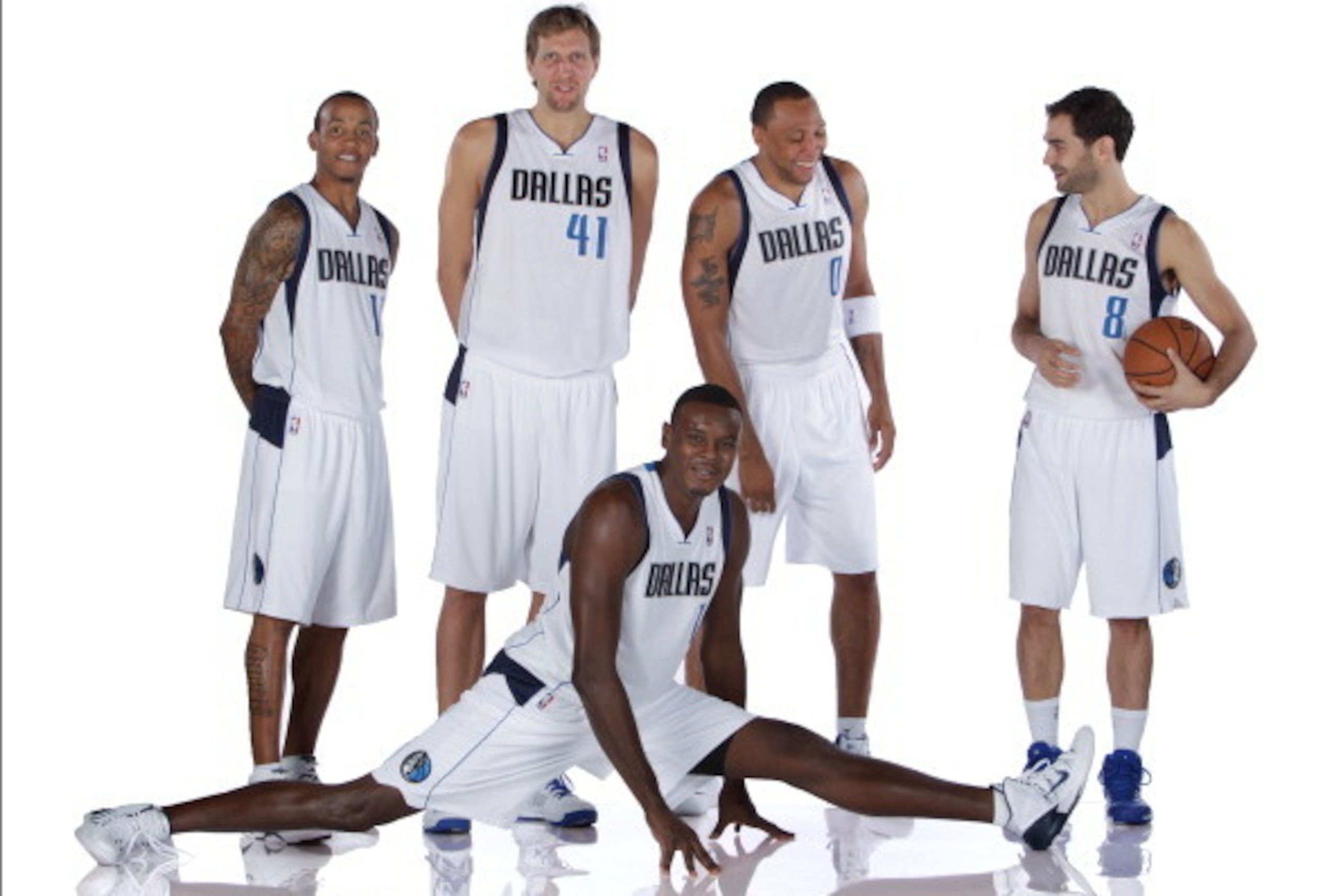 DALLAS, TX - SEPTEMBER 30: Monta Ellis #11, Dirk Nowitzki #41, Shawn Marion #0, Samuel Dalembert #1 and Jose Calderon #8 of the Dallas Mavericks pose for a photo at the Dallas Mavericks 2013-2014 Media Day on September 30, 2013 at the American Airlines Ce