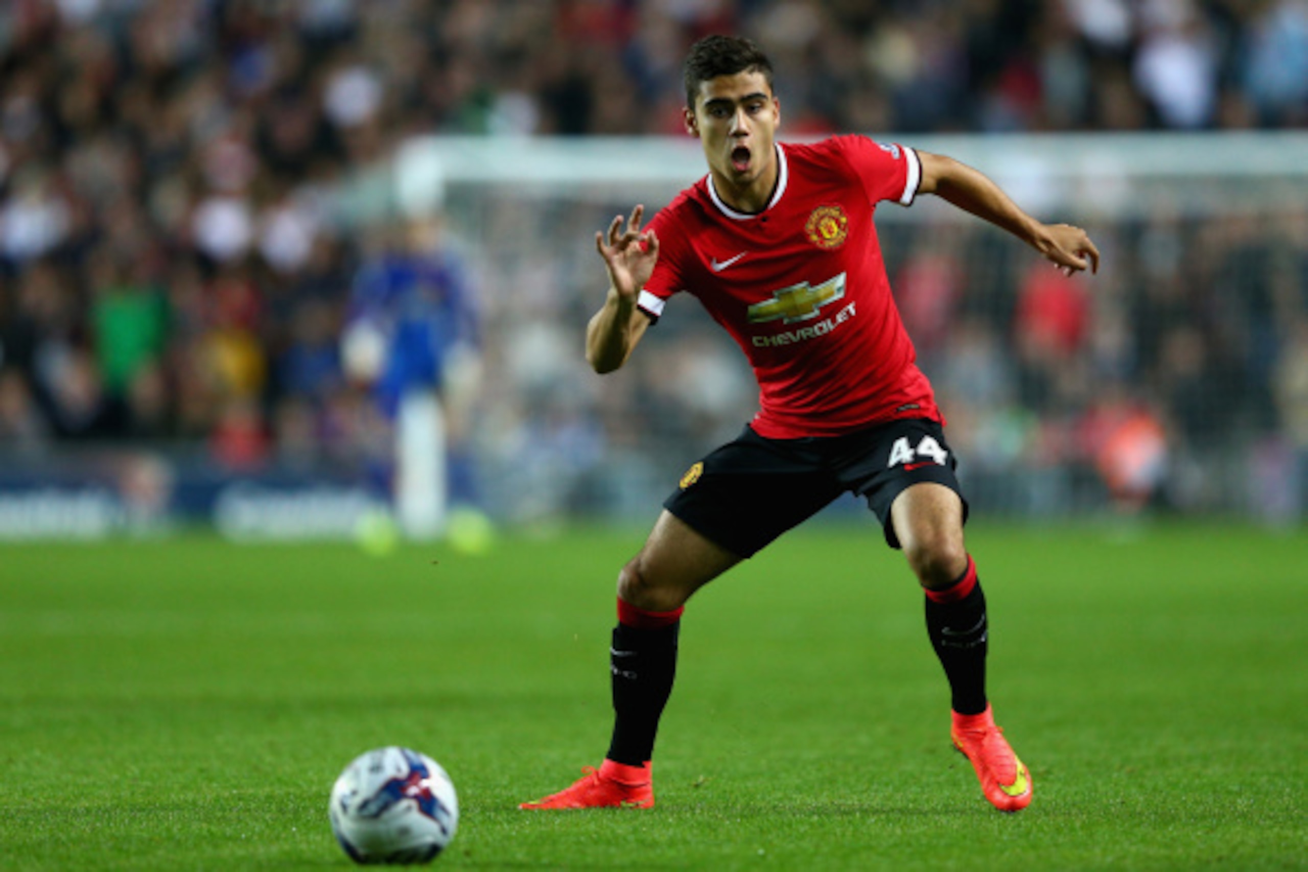 MILTON KEYNES, ENGLAND - AUGUST 26:  Andreas Pereira of Manchester United in action during the Capital One Cup second round match between MK Dons and Manchester United at Stadium mk on August 26, 2014 in Milton Keynes, England.  (Photo by Clive Mason/Gett