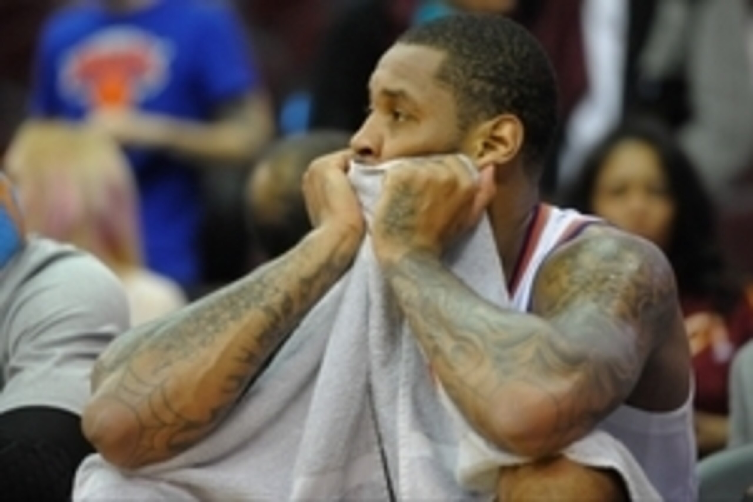 Mar 8, 2014; Cleveland, OH, USA; New York Knicks small forward Carmelo Anthony (7) reacts against the Cleveland Cavaliers at Quicken Loans Arena. New York won 107-97. Mandatory Credit: David Richard-USA TODAY Sports