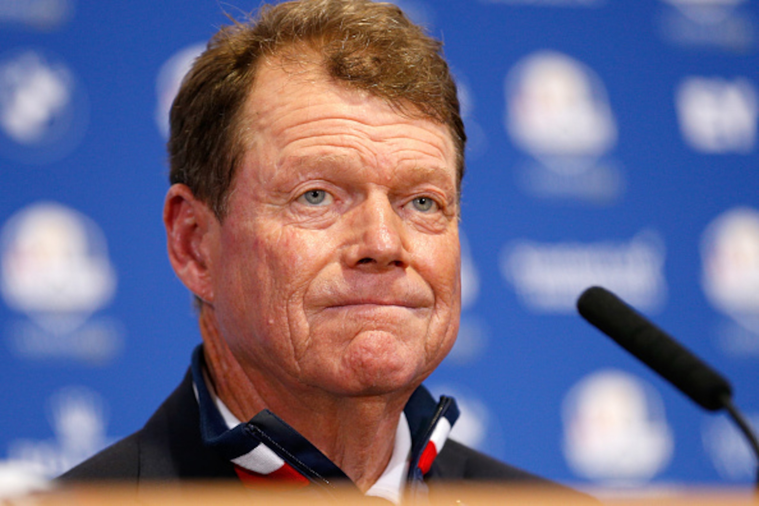 AUCHTERARDER, SCOTLAND - SEPTEMBER 28:  United States team captain Tom Watson looks on during press conference after the Singles Matches of the 2014 Ryder Cup on the PGA Centenary course at the Gleneagles Hotel on September 28, 2014 in Auchterarder, Scotl