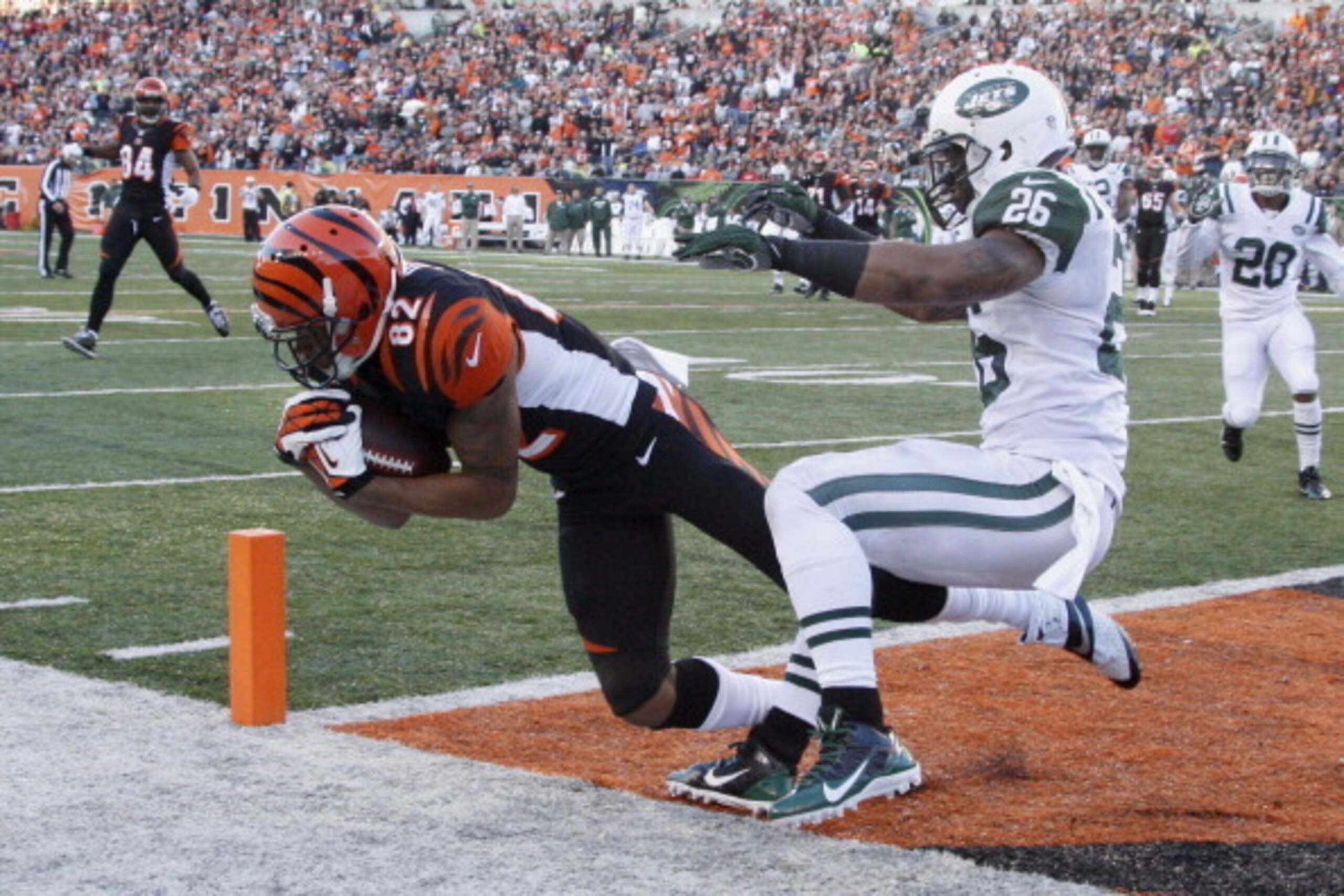 CINCINNATI, OH - OCTOBER 27:  Marvin Jones #82 of the Cincinnati Bengals hauls in a touchdown pass in front of Dawan Landry #26 of the New York Jets during their game at Paul Brown Stadium on October 27, 2013 in Cincinnati, Ohio.  The Bengals defeated the