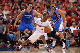 LOS ANGELES, CA - MAY 15: Chris Paul #3 of the Los Angeles Clippers handles the ball against the Oklahoma City Thunder in Game Six of the Western Conference Semifinals during the 2014 NBA Playoffs at Staples Center on May 15, 2014 in Los Angeles, Californ