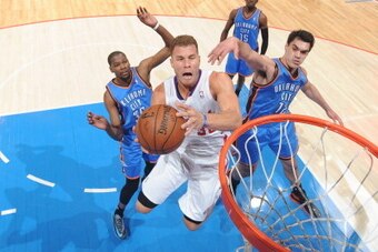 LOS ANGELES, CA - MAY 9: Blake Griffin #32 of the Los Angeles Clippers goes to the basket against the Oklahoma City Thunder in Game Three of the Western Conference Semifinals during the 2014 NBA Playoffs at Staples Center on May 9, 2014 in Los Angeles, Ca