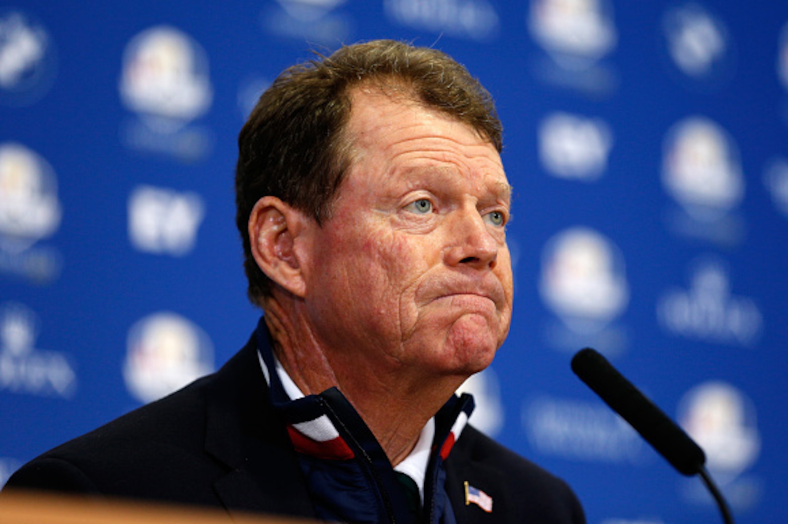 AUCHTERARDER, SCOTLAND - SEPTEMBER 28:  United States team captain Tom Watson talks during a press conference after his team were defeated by Europe after the Singles Matches of the 2014 Ryder Cup on the PGA Centenary course at the Gleneagles Hotel on Sep