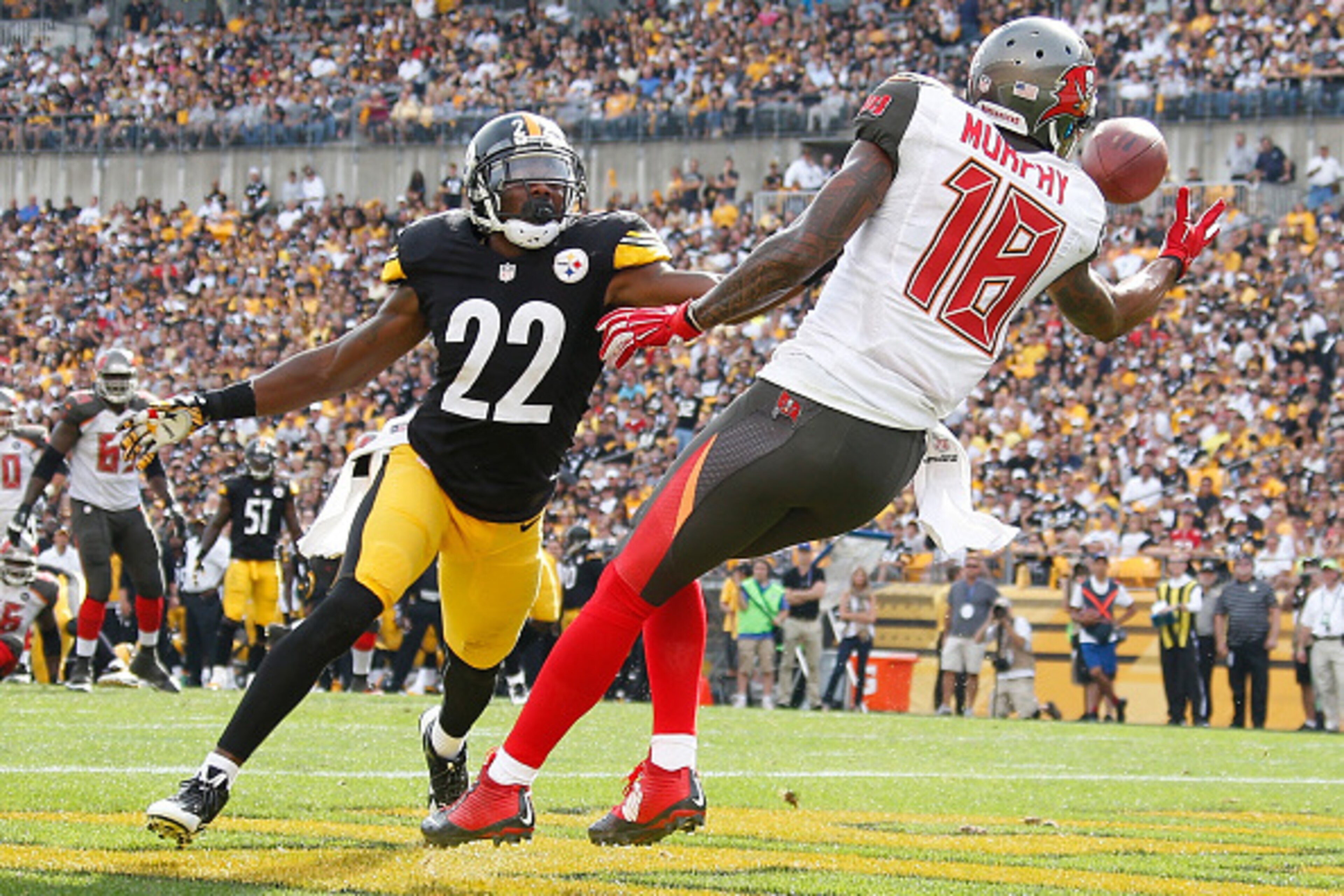PITTSBURGH, PA - SEPTEMBER 28: Louis Murphy #18 of the Tampa Bay Buccaneers can't make a catch in front of William Gay #22 of the Pittsburgh Steelers during the fourth quarter at Heinz Field on September 28, 2014 in Pittsburgh, Pennsylvania. (Photo by G PITTSBURGH, PA - SEPTEMBER 28: Louis Murphy #18 of the Tampa Bay Buccaneers can't make a catch in front of William Gay #22 of the Pittsburgh Steelers during the fourth quarter at Heinz Field on September 28, 2014 in Pittsburgh, Pennsylvania. (Photo by G