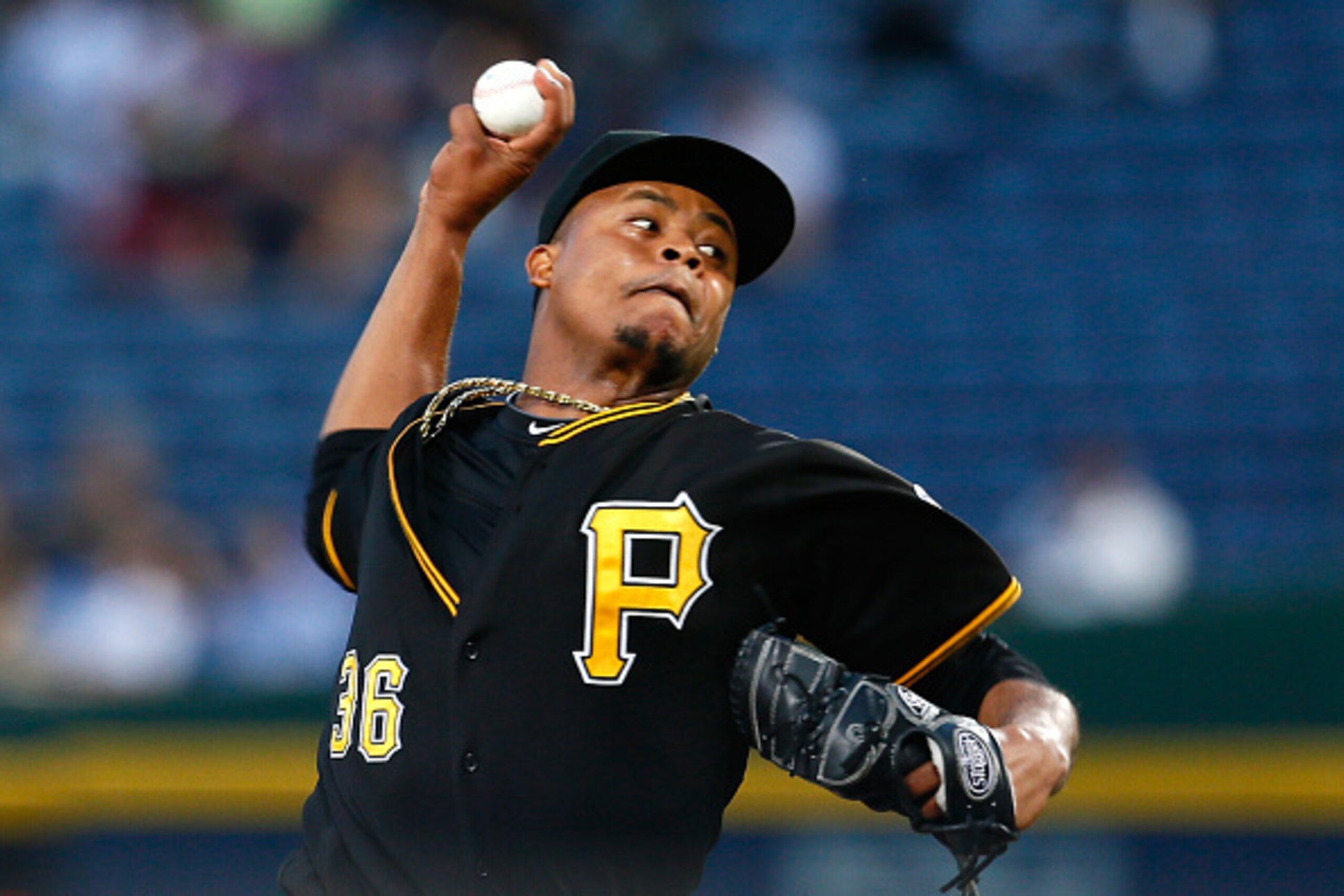 ATLANTA, GA - SEPTEMBER 25:  Edinson Volquez #36 of the Pittsburgh Pirates pitches in the first inning against the Atlanta Braves at Turner Field on September 25, 2014 in Atlanta, Georgia.  (Photo by Kevin C. Cox/Getty Images)