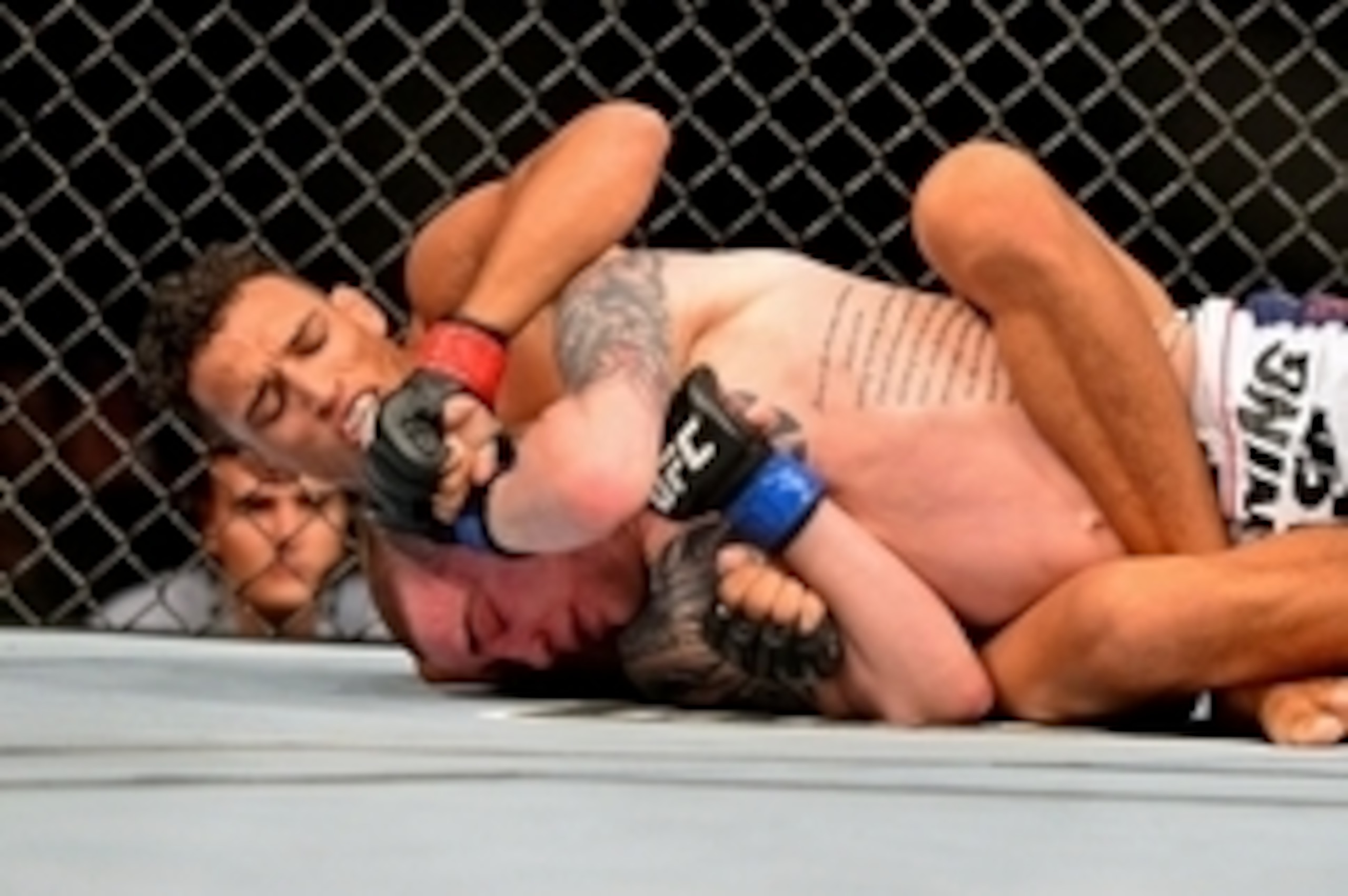 Feb 15, 2014; Jaragua do Sul, SC, Brazil; Charles Oliveira (red gloves) fights Andy Ogle (blue gloves) during UFC Fight Night Machida vs Mousasi at Arena Jaragua. Mandatory Credit: Jason Silva-USA TODAY Sports