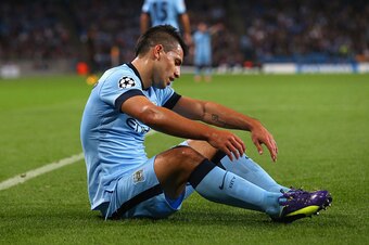 MANCHESTER, ENGLAND - SEPTEMBER 30:  Sergio Aguero of Manchester City reacts during the UEFA Champions League Group E match between Manchester City FC and AS Roma  on September 30, 2014 in Manchester, United Kingdom.  (Photo by Alex Livesey/Getty Images)