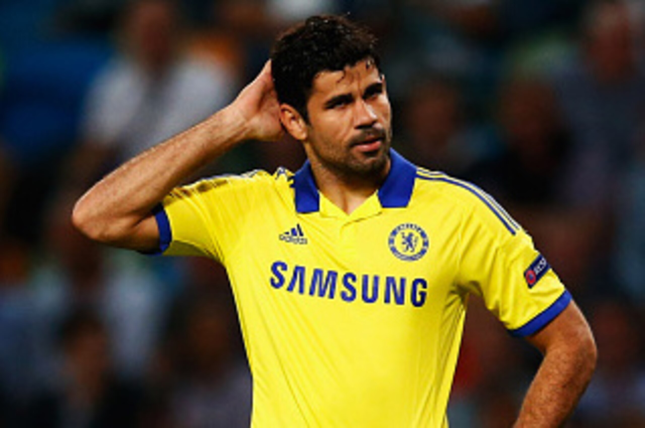 LISBON, PORTUGAL - SEPTEMBER 30:  Diego Costa of Chelsea reacts during the UEFA Champions League Group G match between Sporting Clube de Portugal and Chelsea FC at Estadio Jose Alvalade on September 30, 2014 in Lisbon, Portugal.  (Photo by Julian Finney/G