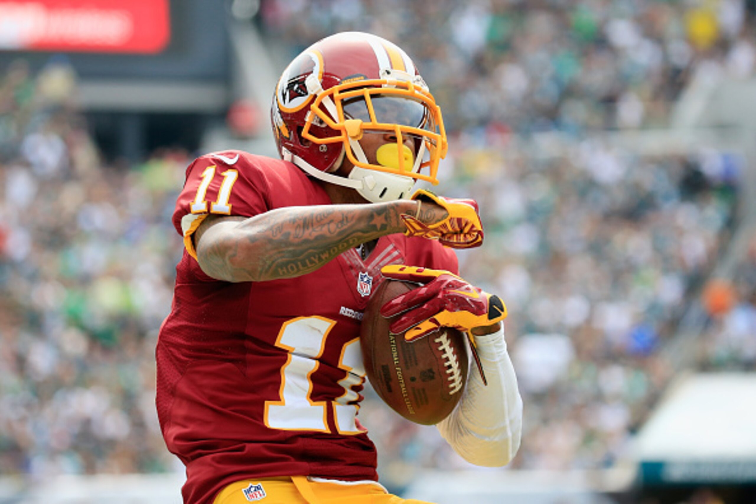 PHILADELPHIA, PA - SEPTEMBER 21:  DeSean Jackson #11 of the Washington Redskins reacts after catching a first-down pass in the first quarter against the Philadelphia Eagles at Lincoln Financial Field on September 21, 2014 in Philadelphia, Pennsylvania.  (