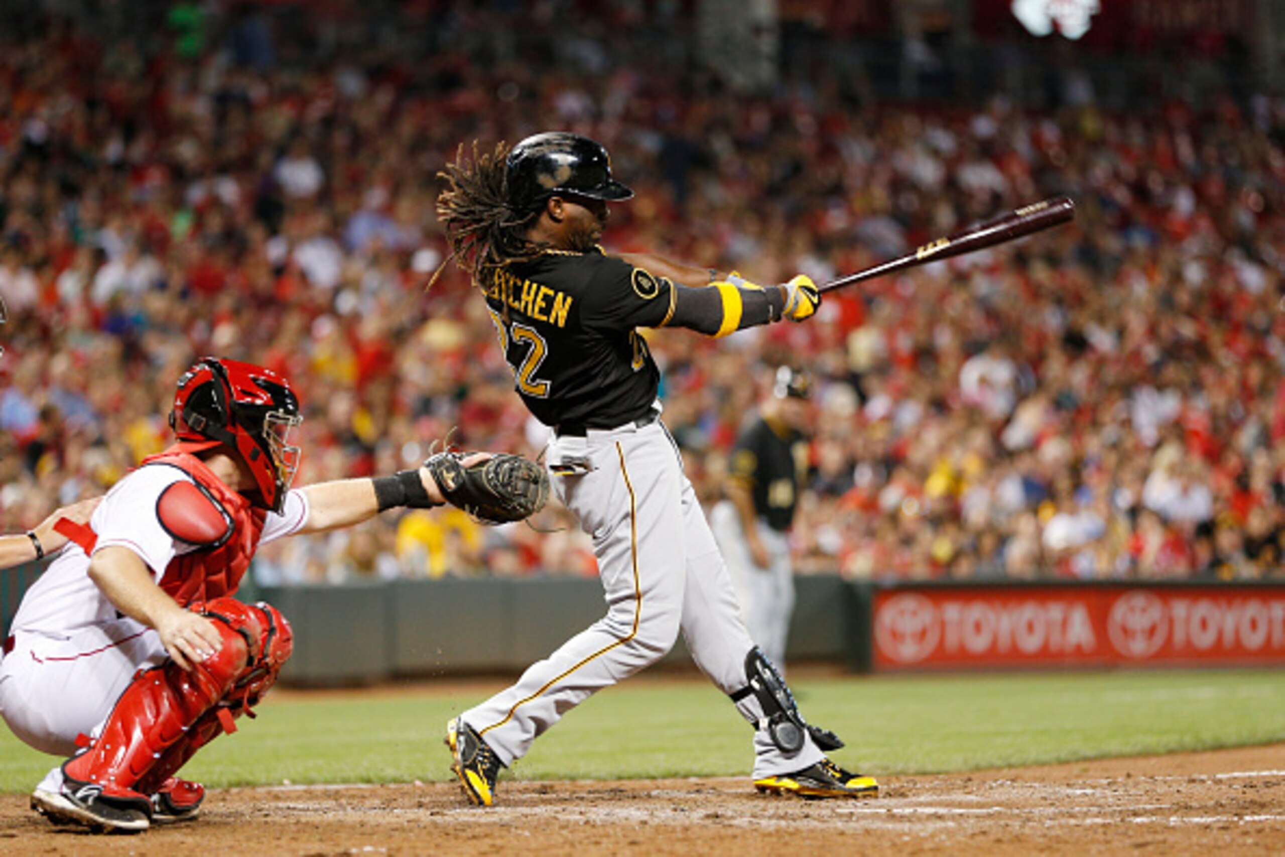 CINCINNATI, OH - SEPTEMBER 26: Andrew McCutchen #22 of the Pittsburgh Pirates doubles to center field to drive in a run in the eighth inning against the Cincinnati Reds at Great American Ball Park on September 26, 2014 in Cincinnati, Ohio. The Pirates def