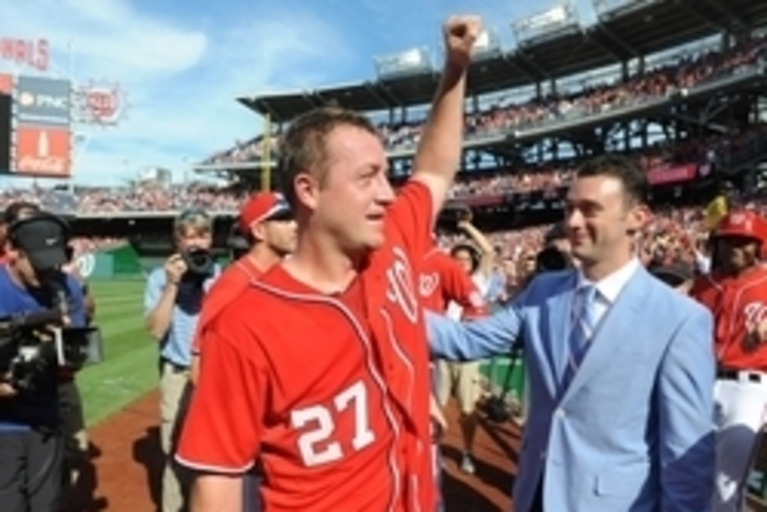 Sep 28, 2014; Washington, DC, USA; Washington Nationals starting pitcher Jordan Zimmermann (27) salutes the crowd after recording his final out of a no-hitter against the Miami Marlins at Nationals Park. Mandatory Credit: Brad Mills-USA TODAY Sports