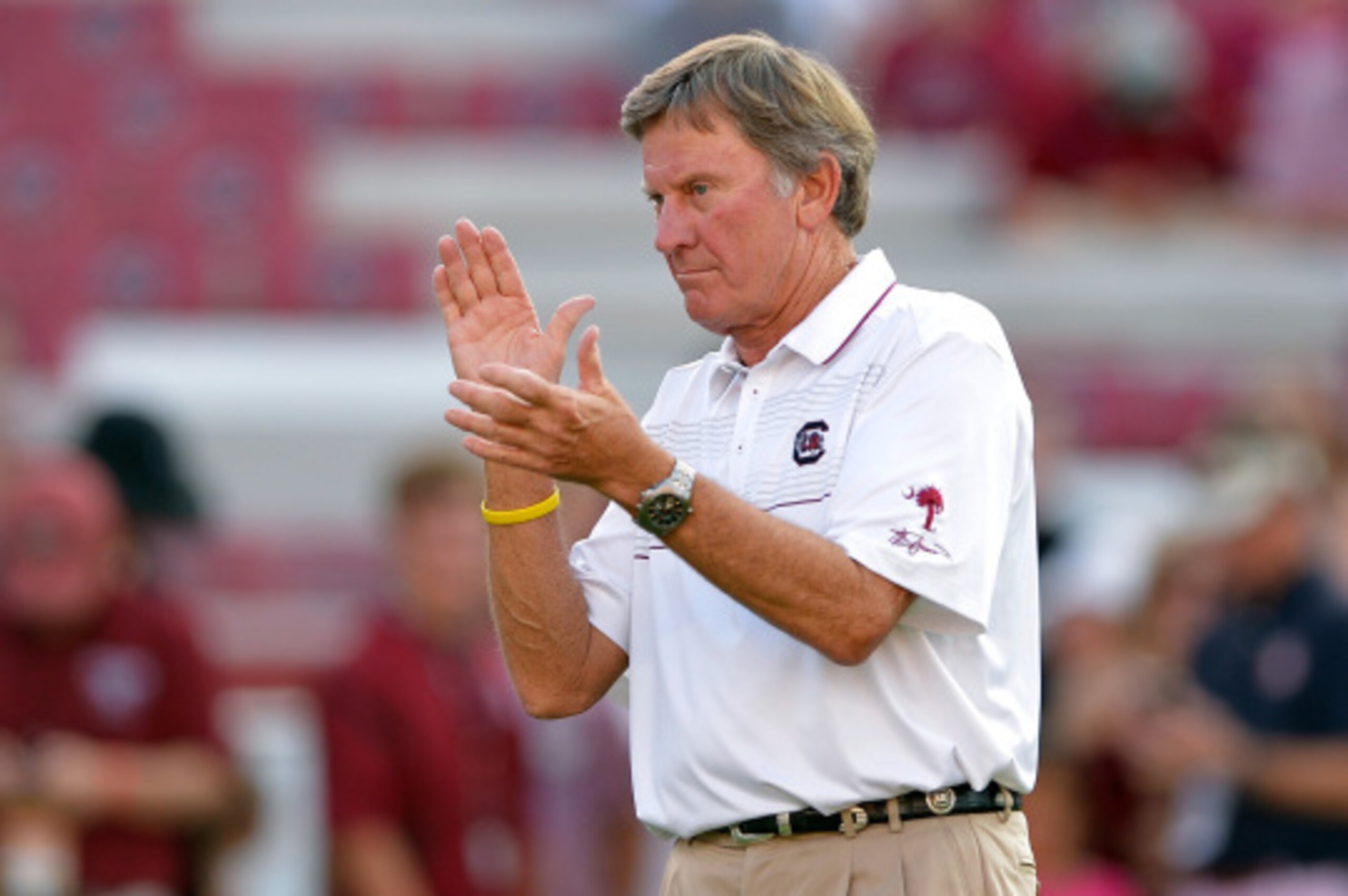 COLUMBIA, SC - SEPTEMBER 06:  Head coach Steve Spurrier of the South Carolina Gamecocks watches his team during their game against the East Carolina Pirates at Williams-Brice Stadium on September 6, 2014 in Columbia, South Carolina.  (Photo by Grant Halve