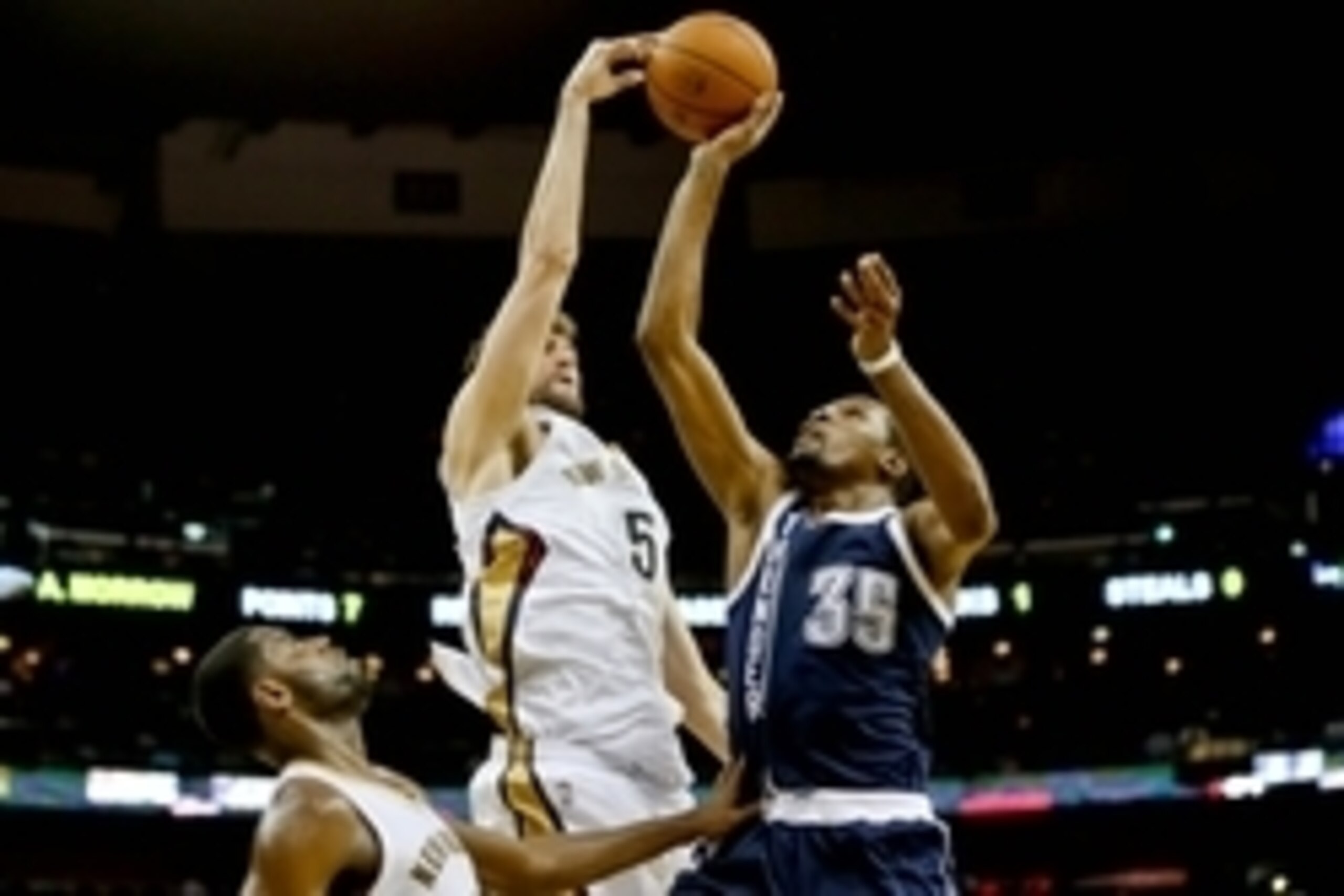 Apr 14, 2014; New Orleans, LA, USA; Oklahoma City Thunder forward Kevin Durant (35) has a shot blocked by New Orleans Pelicans center Jeff Withey (5) during the fourth quarter of a game at Smoothie King Center. The Pelicans defeated the Thunder 101-89. Ma