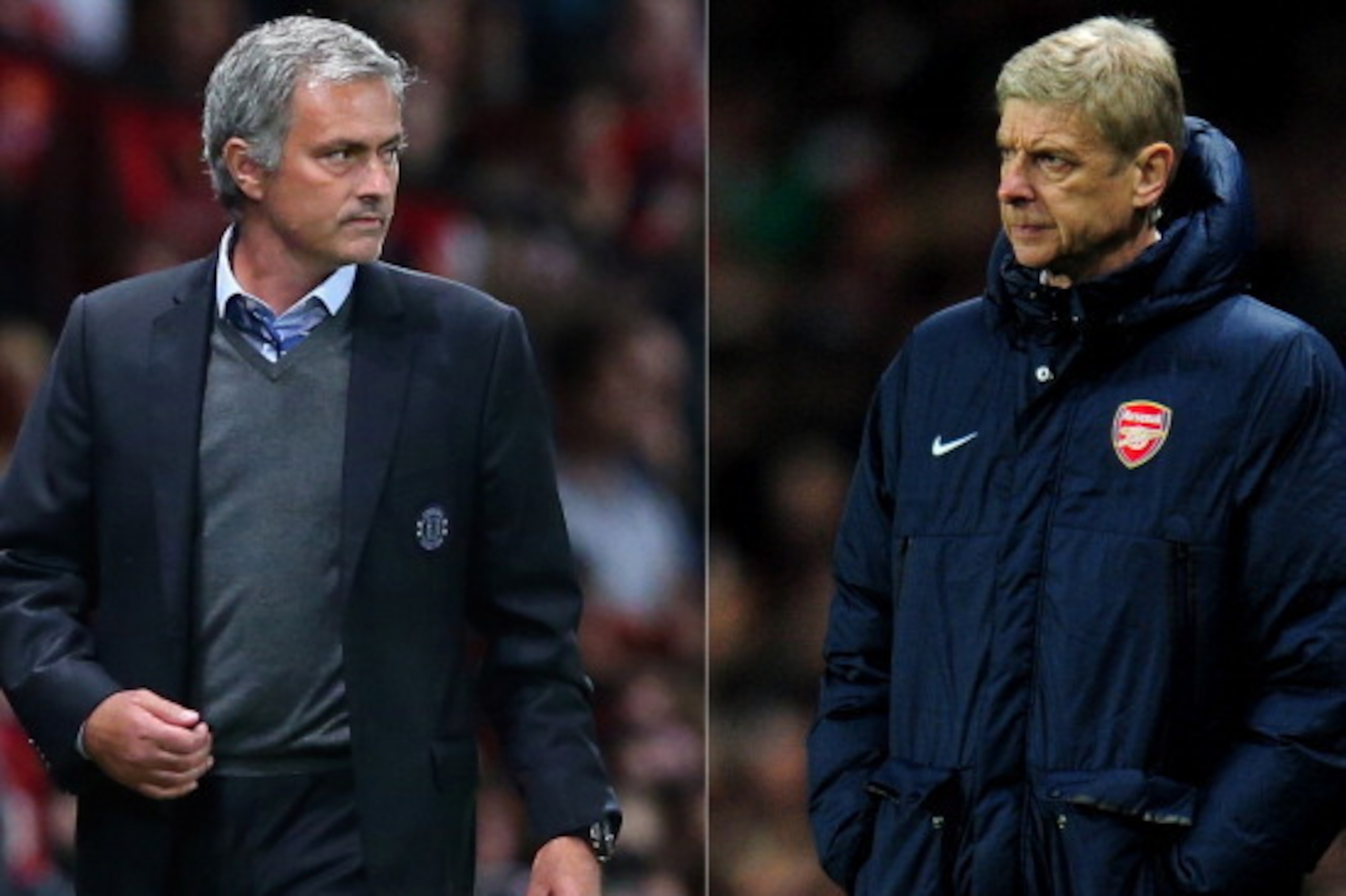 (FILE PHOTO - EDITORS NOTE: COMPOSITE OF TWO IMAGES - Image Numbers 177996036 (L) and 452339145) In this composite image a comparison has been made between Chelsea Manager Jose Mourinho (L) and Arsenal Manager Arsene Wenger. The Premier League match betwe (FILE PHOTO - EDITORS NOTE: COMPOSITE OF TWO IMAGES - Image Numbers 177996036 (L) and 452339145) In this composite image a comparison has been made between Chelsea Manager Jose Mourinho (L) and Arsenal Manager Arsene Wenger. The Premier League match betwe