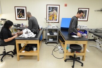 LOS ANGELES, CA - FEBRUARY 28: Kobe Bryant #24 and Steve Nash #10 of the Los Angeles Lakers sit in the training room before facing the Minnesota Timberwolves at Staples Center on February 28, 2013 in Los Angeles, California. NOTE TO USER: User expressly a