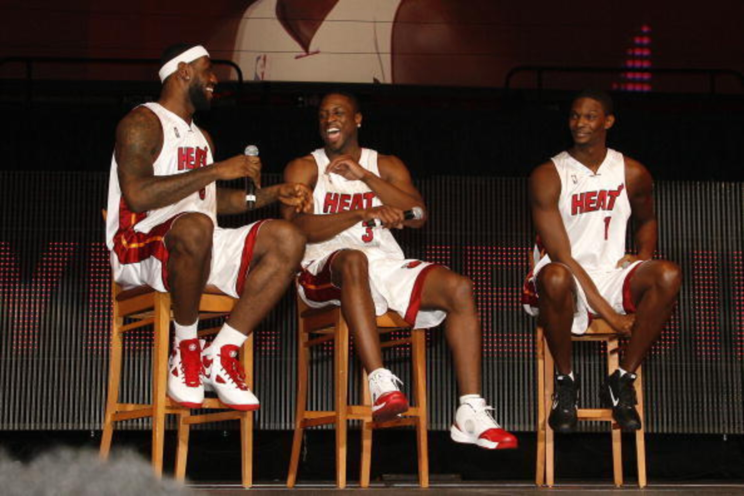 MIAMI - JULY 09: The Miami Heat announce the return of Dwyane Wade #3 and welcome LeBron James #6 and Chris Bosh #1 on July 9, 2010 at American Airlines Arena in Miami, Florida. NOTE TO USER: User expressly acknowledges and agrees that, by downloading and