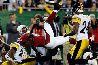 TAMPA, FL - FEBRUARY 01:  Anquan Boldin #81 of the Arizona Cardinals gets upended against the Pittsburgh Steelers during Super Bowl XLIII on February 1, 2009 at Raymond James Stadium in Tampa, Florida.  (Photo by Chris Graythen/Getty Images)