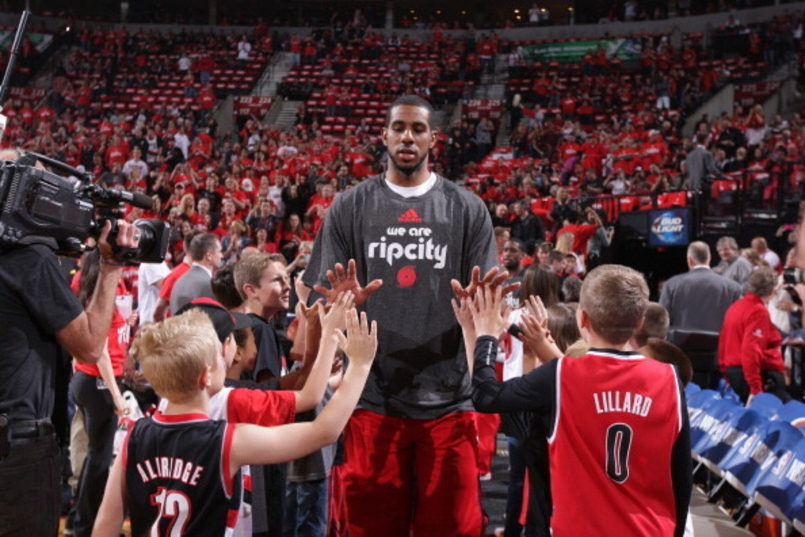 PORTLAND, OR - MAY 10:  LaMarcus Aldridge #12 of the Portland Trail Blazers runs out before Game Three of the Western Conference Semifinals against the San Antonio Spurs during the 2014 NBA Playoffs on May 10, 2014 at the Moda Center in Portland, Oregon. 